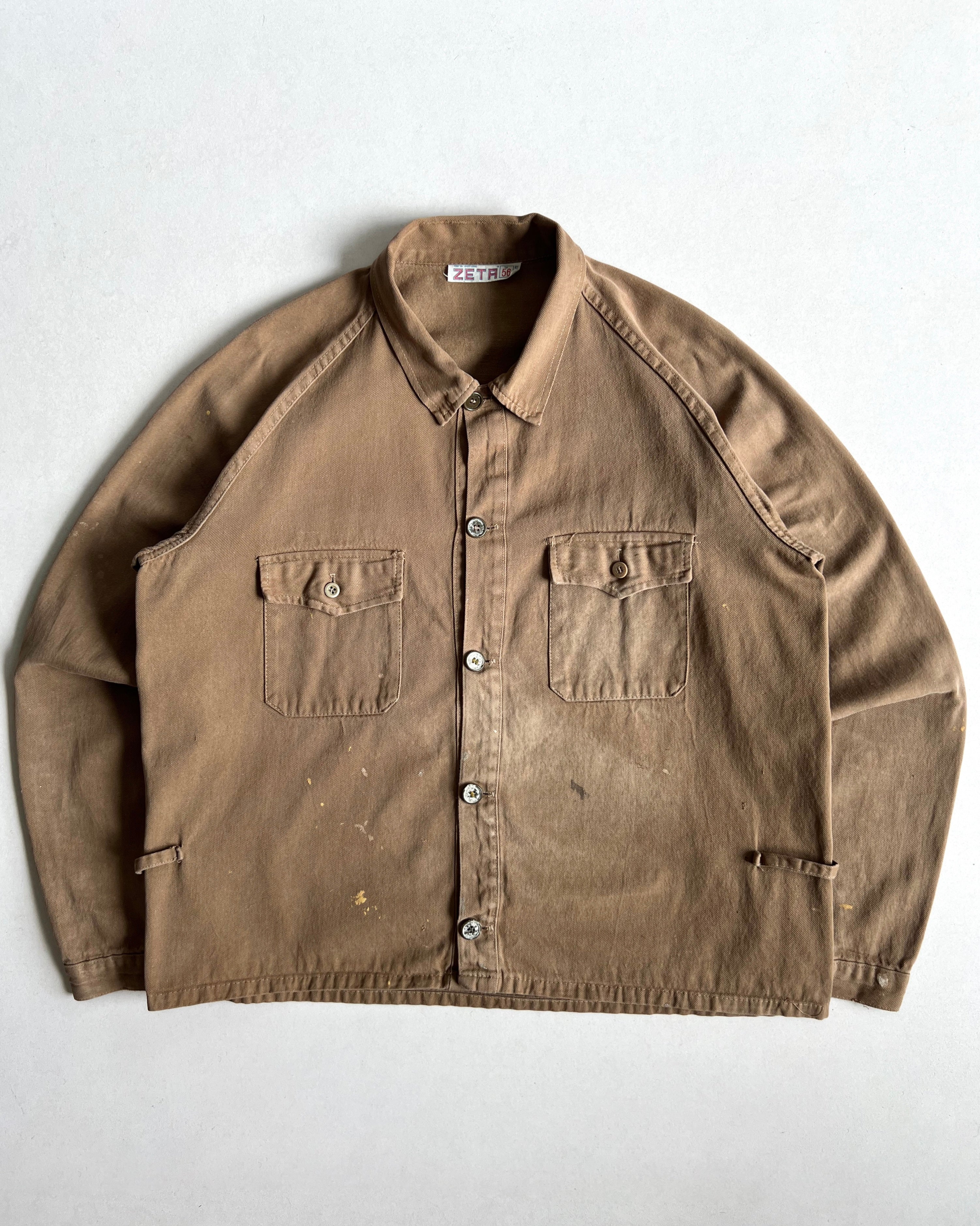 1960S FADED BROWN RAGLAN FRENCH WORK JACKET (L)
