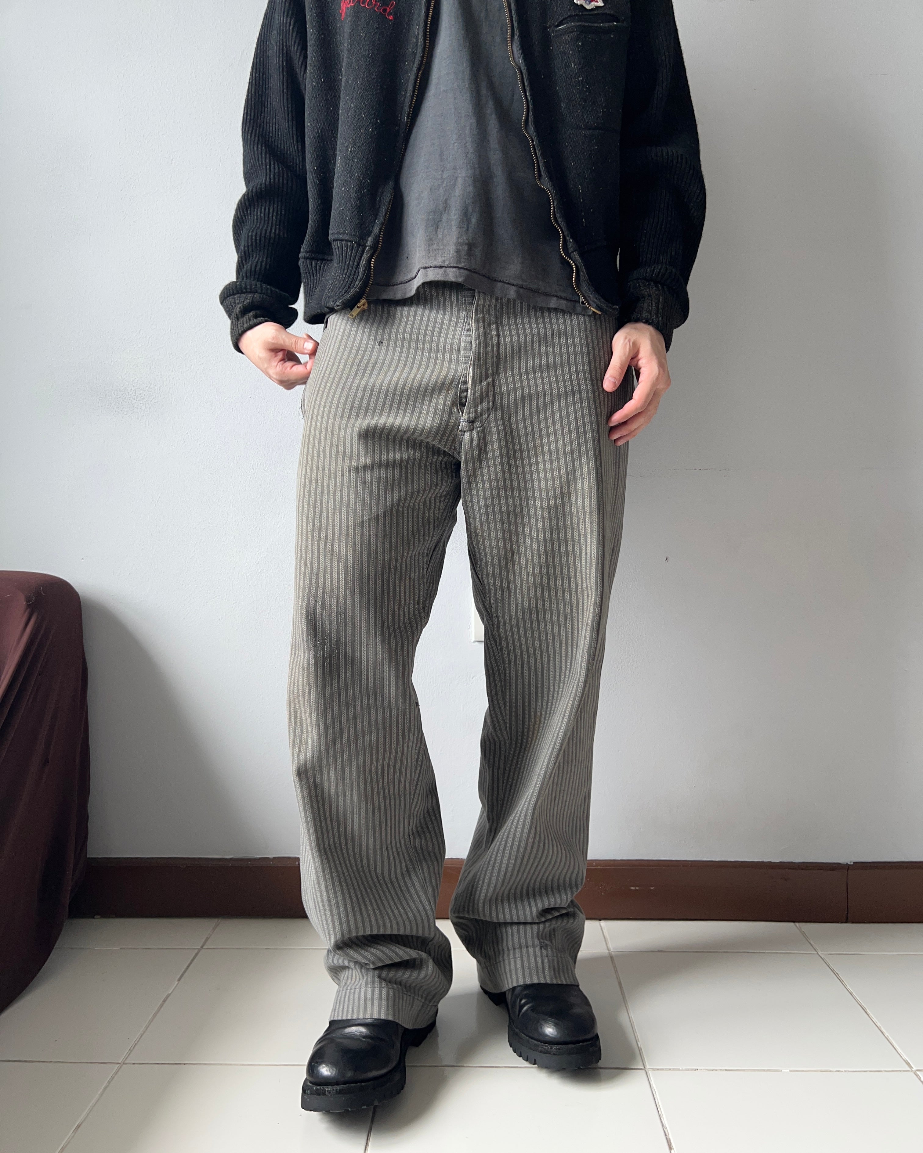 1930S FRENCH SALT & PEPPER STRIPES WORK PANTS (32-35)
