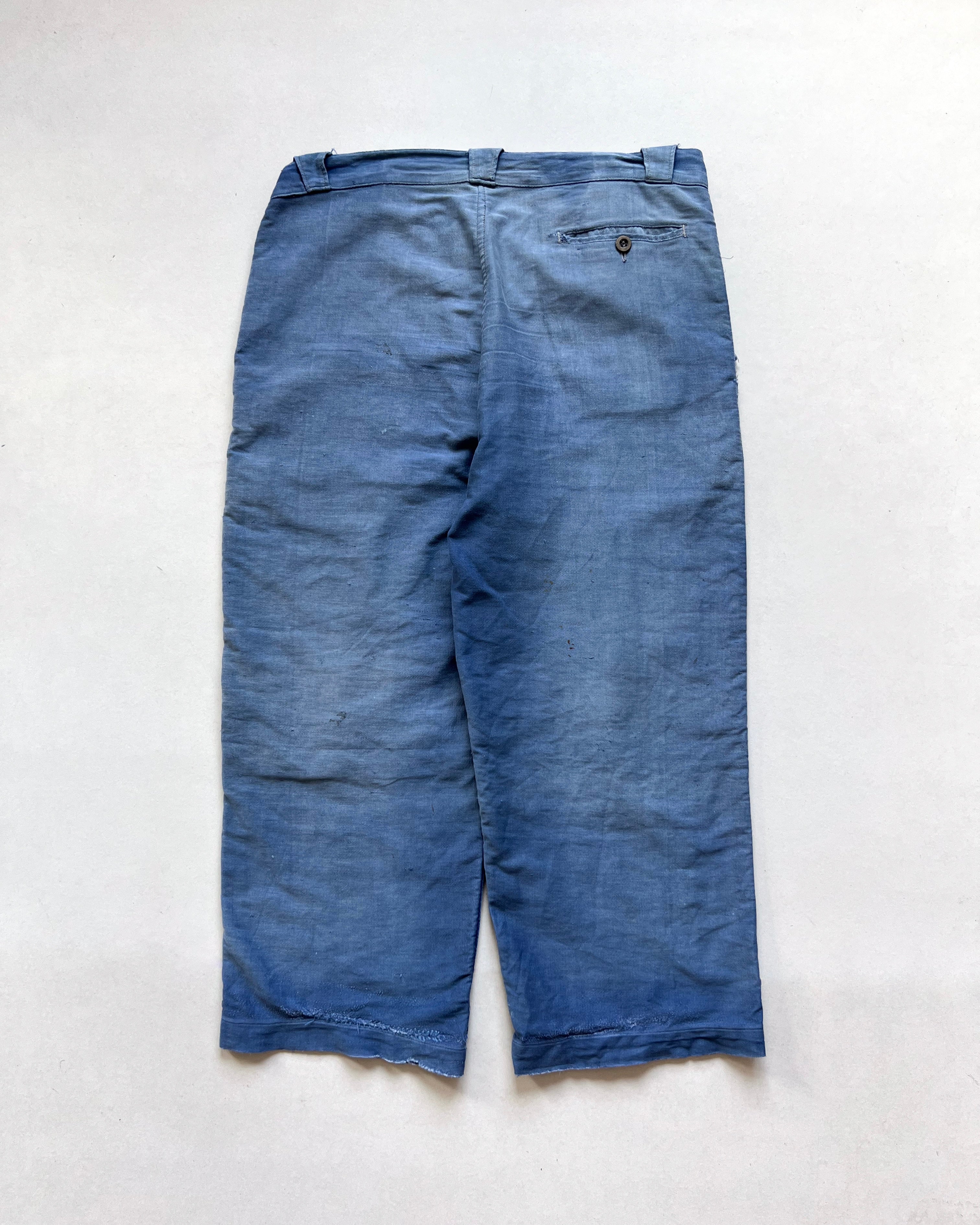 1930S MOLESKIN FRENCH REPAIRED WORK TROUSERS (34-36)