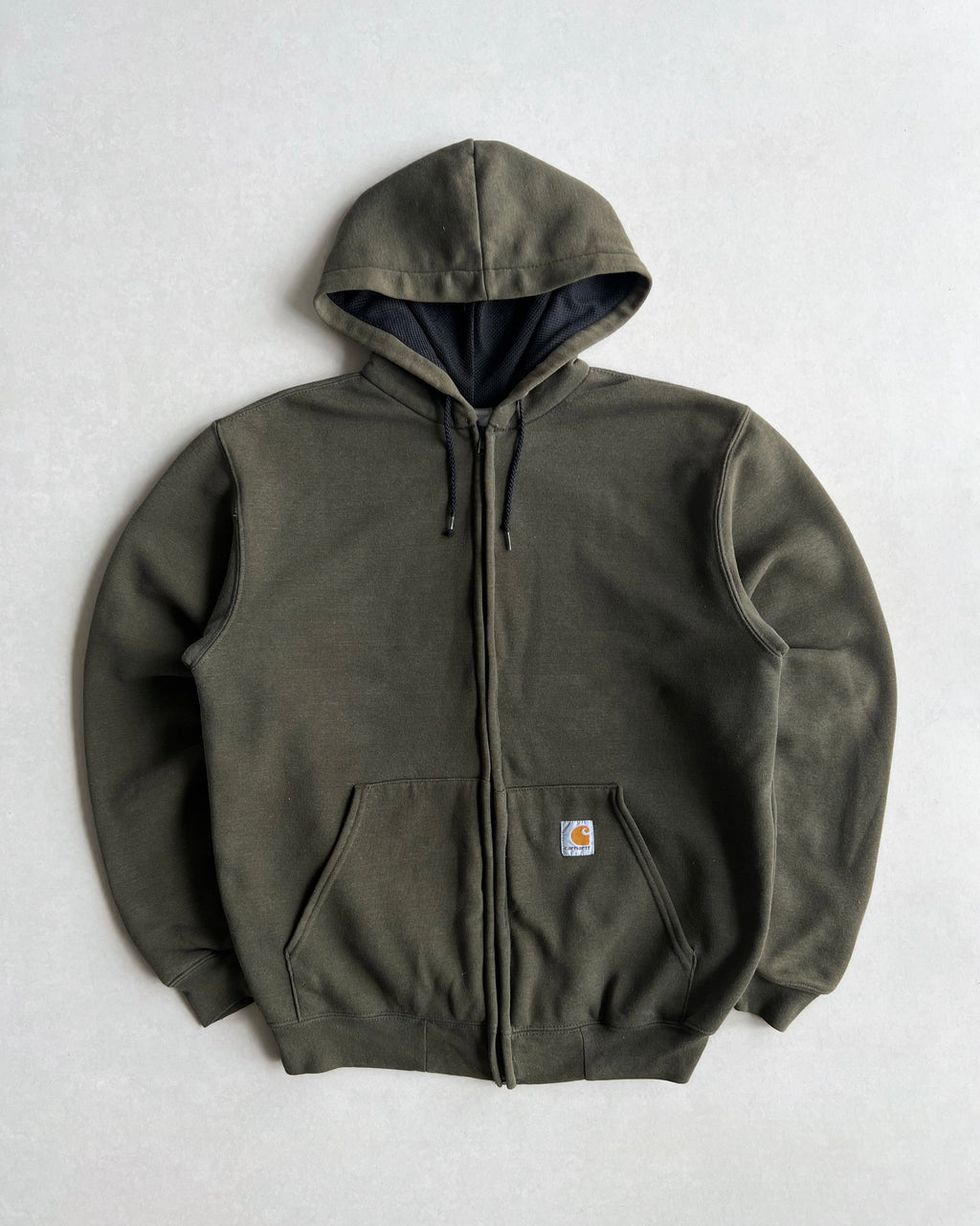 1990S OLIVE GREEN CARHARTT LOGO ZIP-UP HOODIE (L)