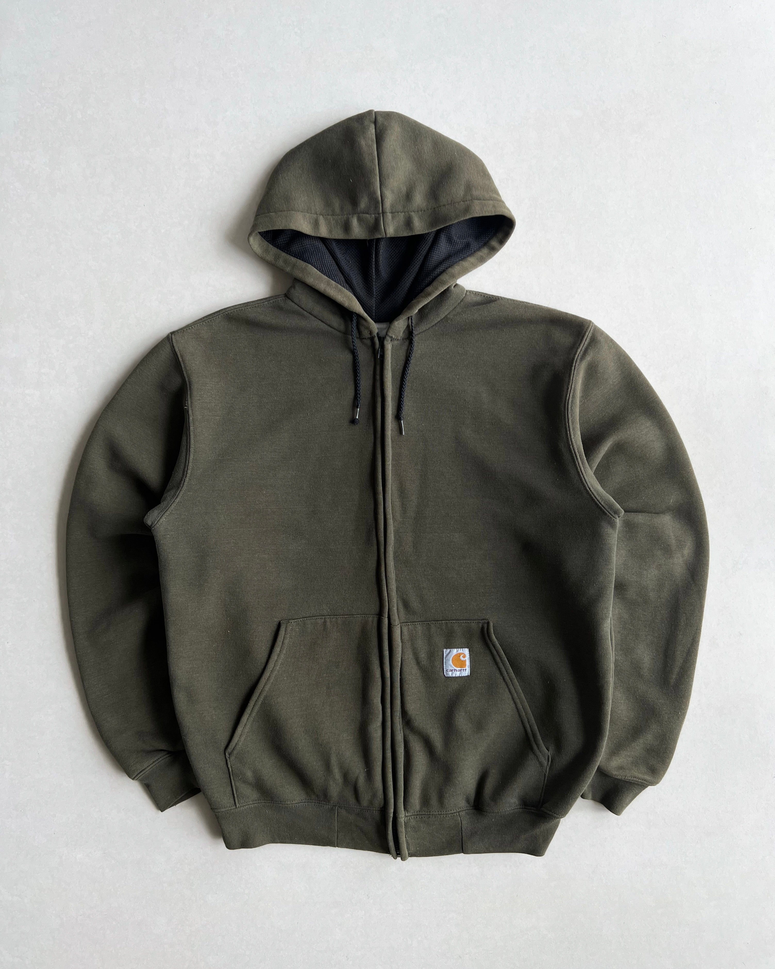 1990S OLIVE GREEN CARHARTT LOGO ZIP-UP HOODIE (L)