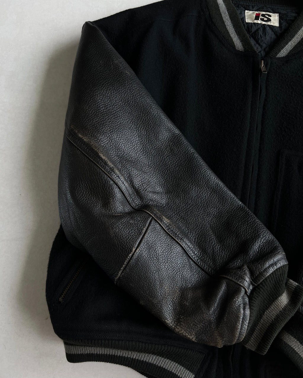 1980S ISSEY MIYAKE SPORT BLACK LEATHER SLEEVE VARSITY JACKET (M)