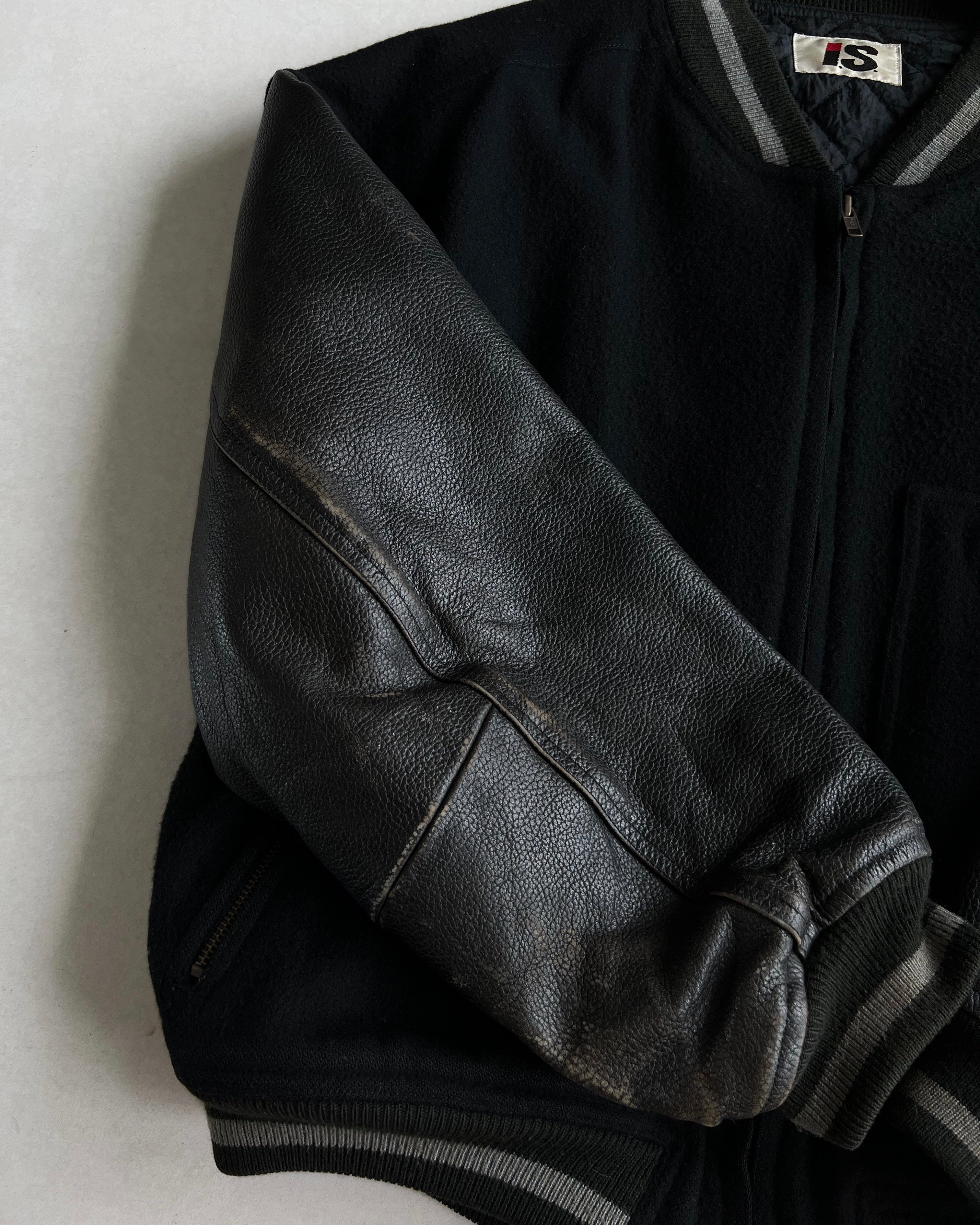 1980S ISSEY MIYAKE SPORT BLACK LEATHER SLEEVE VARSITY JACKET (M)