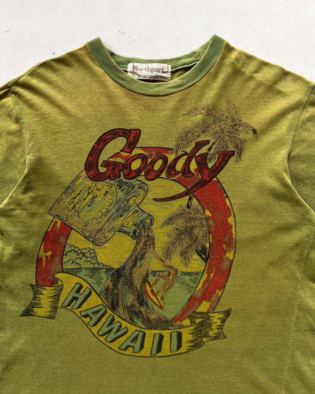 1970S TWO-TONE 'GOODY HAWAII' SINGLE STITCH TEE (L)