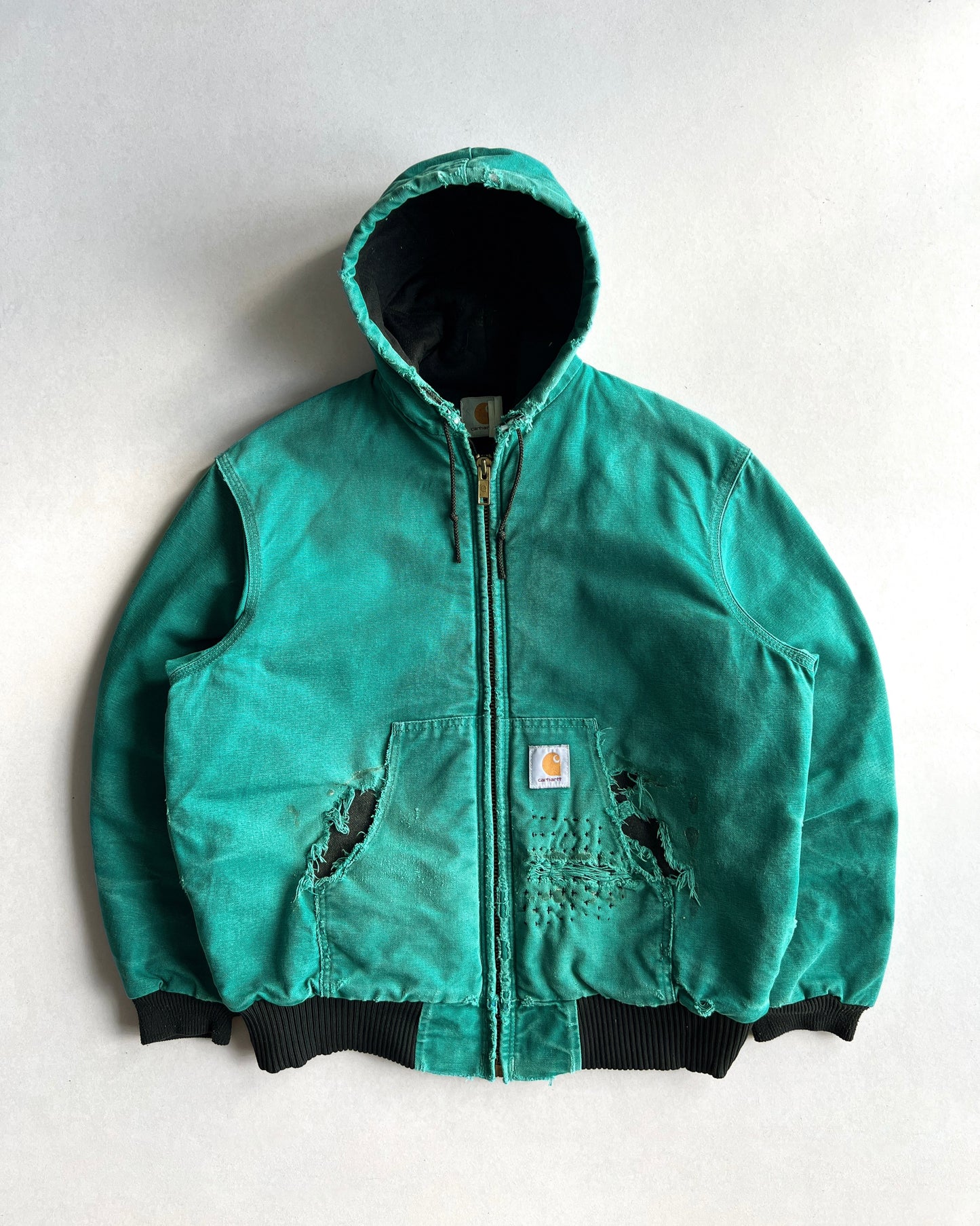 1990S TEAL GREEN CARHARTT REPAIRED HOODED WORK JACKET (L)