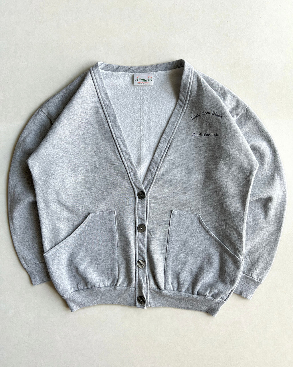 1990S GREY 'HILTON HEAD ISLAND' CARDIGAN (XL)