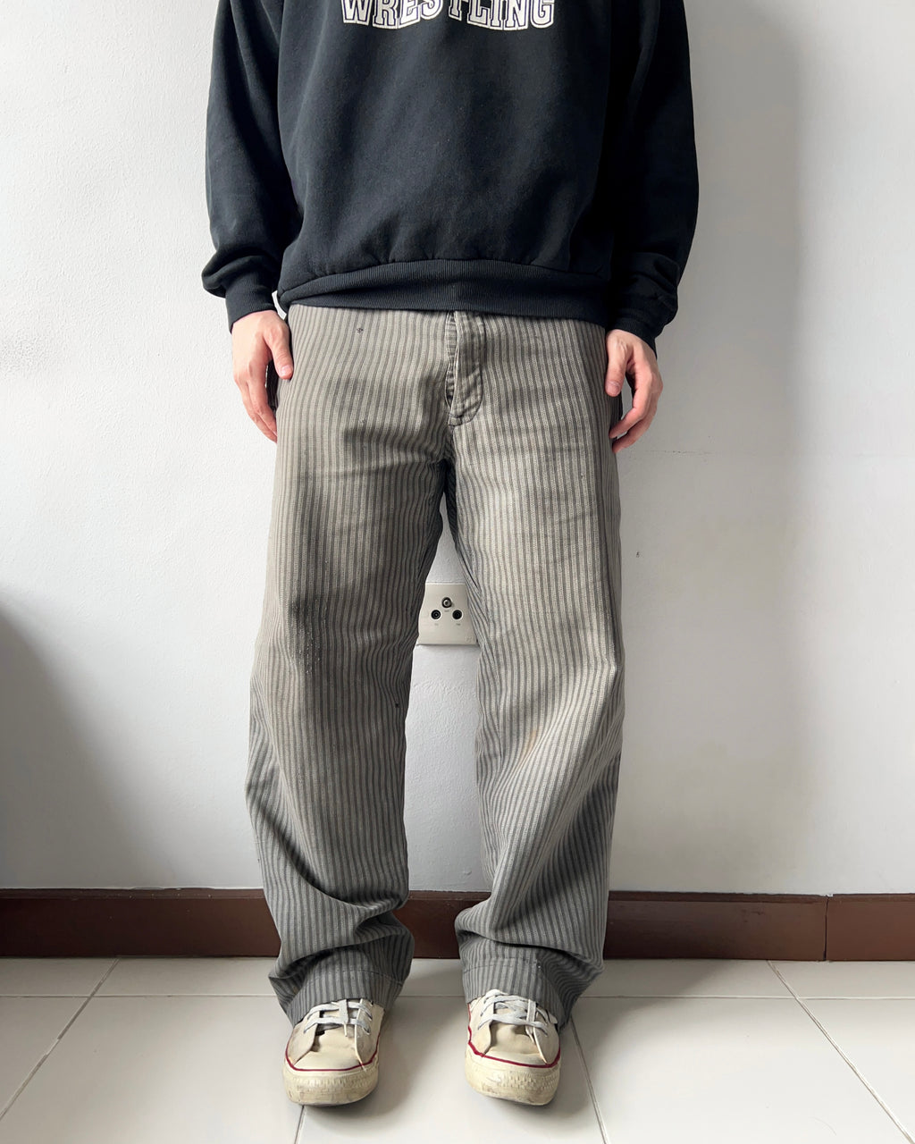 1930S FRENCH SALT & PEPPER STRIPES WORK PANTS (32-35)