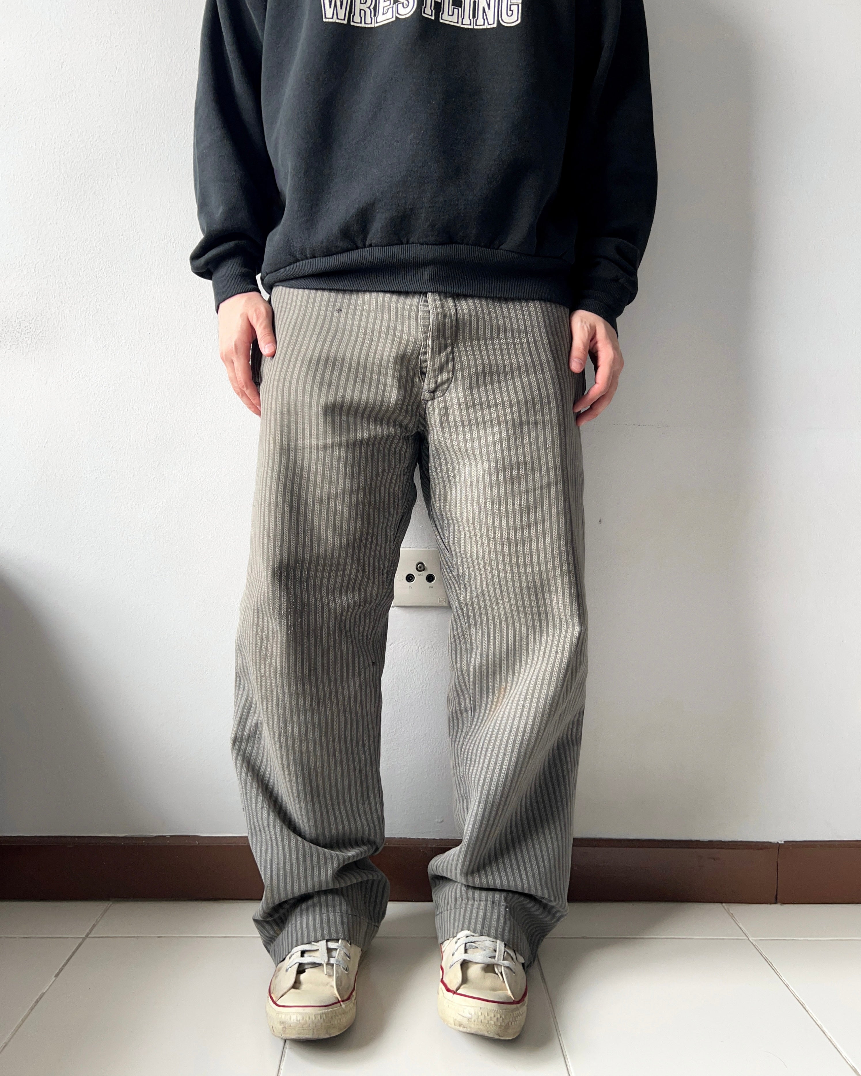 1930S FRENCH SALT & PEPPER STRIPES WORK PANTS (32-35)