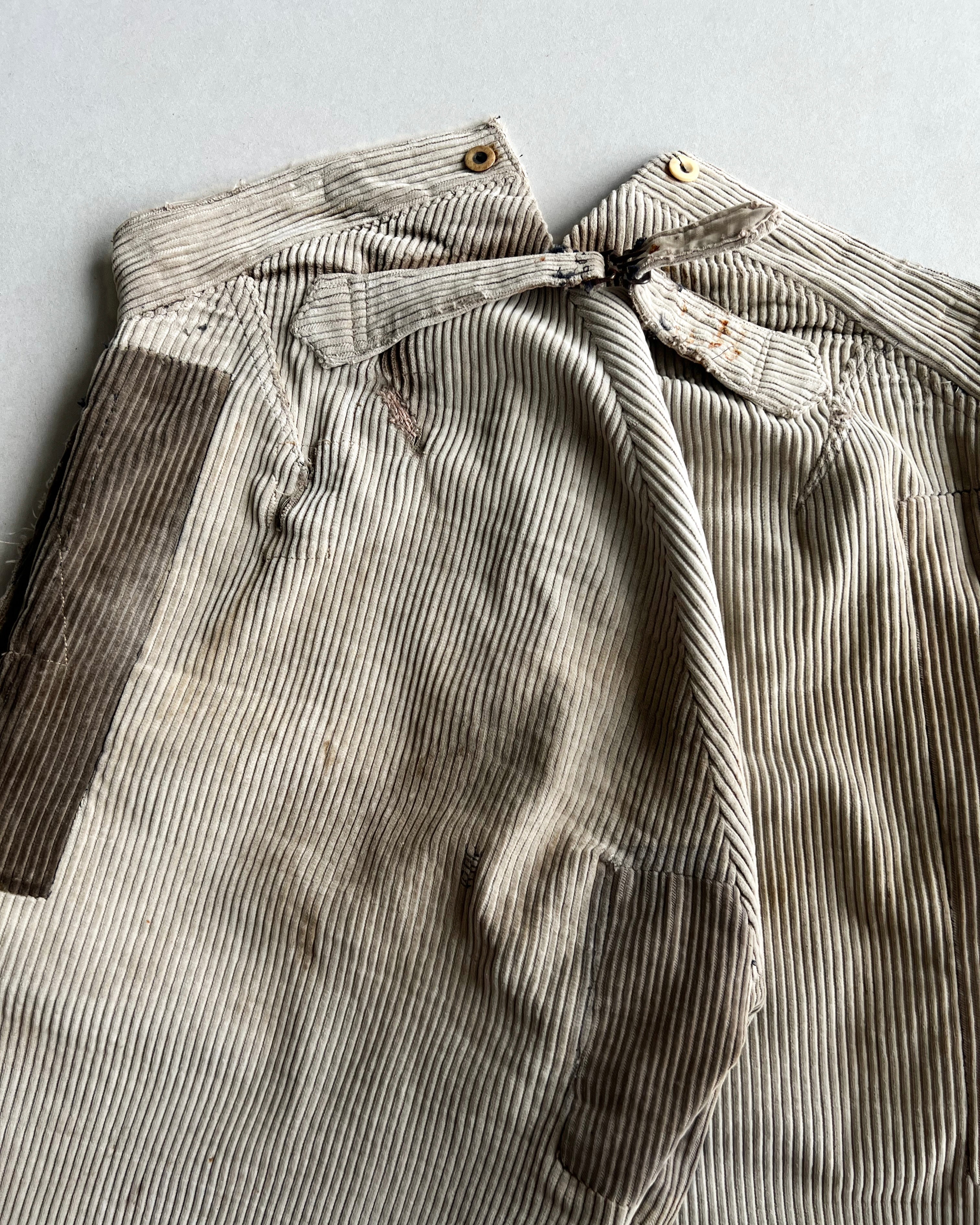1930S FRENCH CORDUROY REPAIRED WORK TROUSERS (32-34)