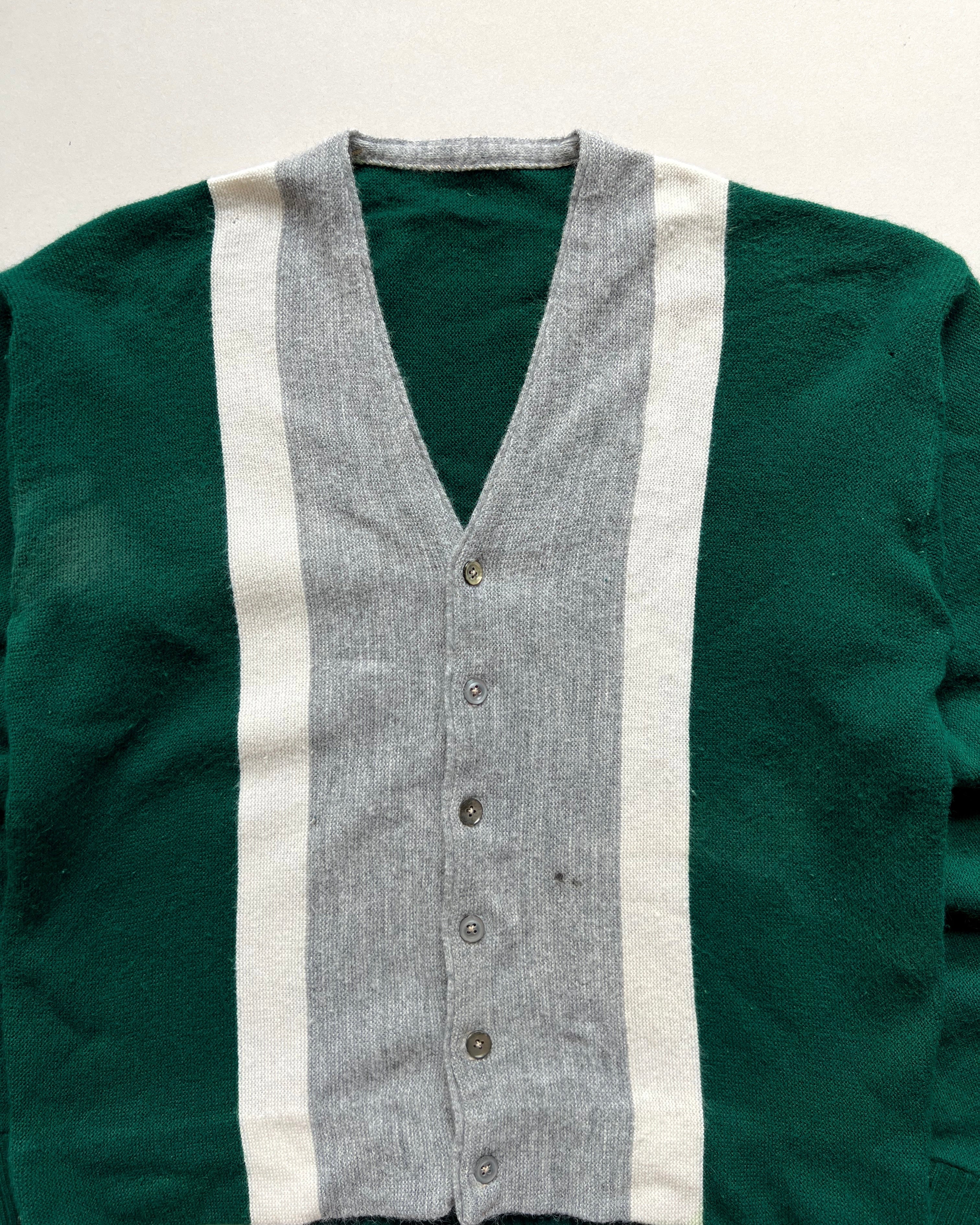 1960S GREEN THREE-TONE ACRYLIC CARDIGAN (L)