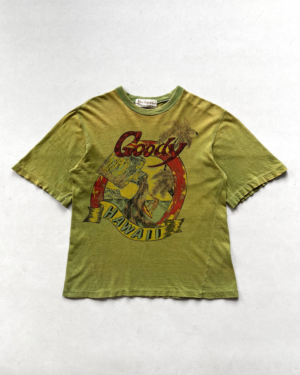 1970S TWO-TONE 'GOODY HAWAII' SINGLE STITCH TEE (L)