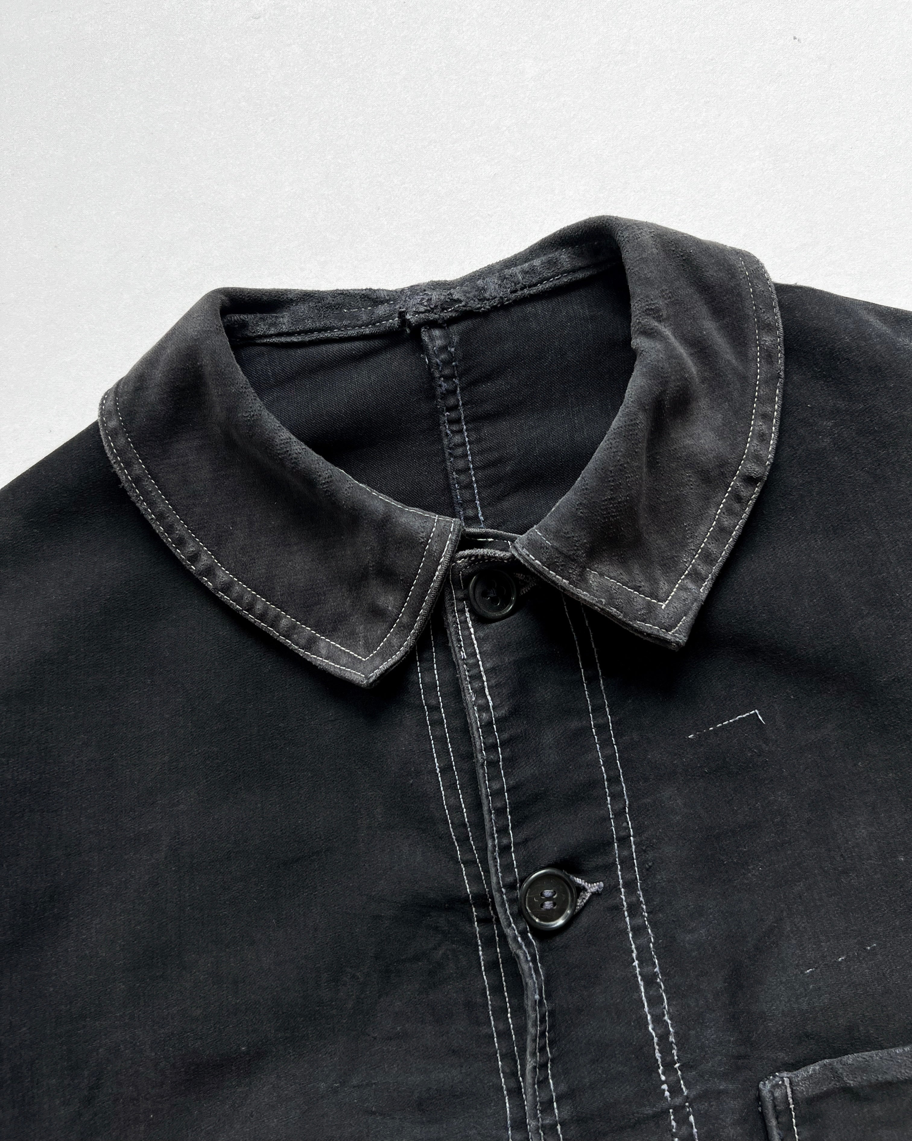 1940S BLACK FRENCH MOLESKIN REPAIRED WORK JACKET (L)