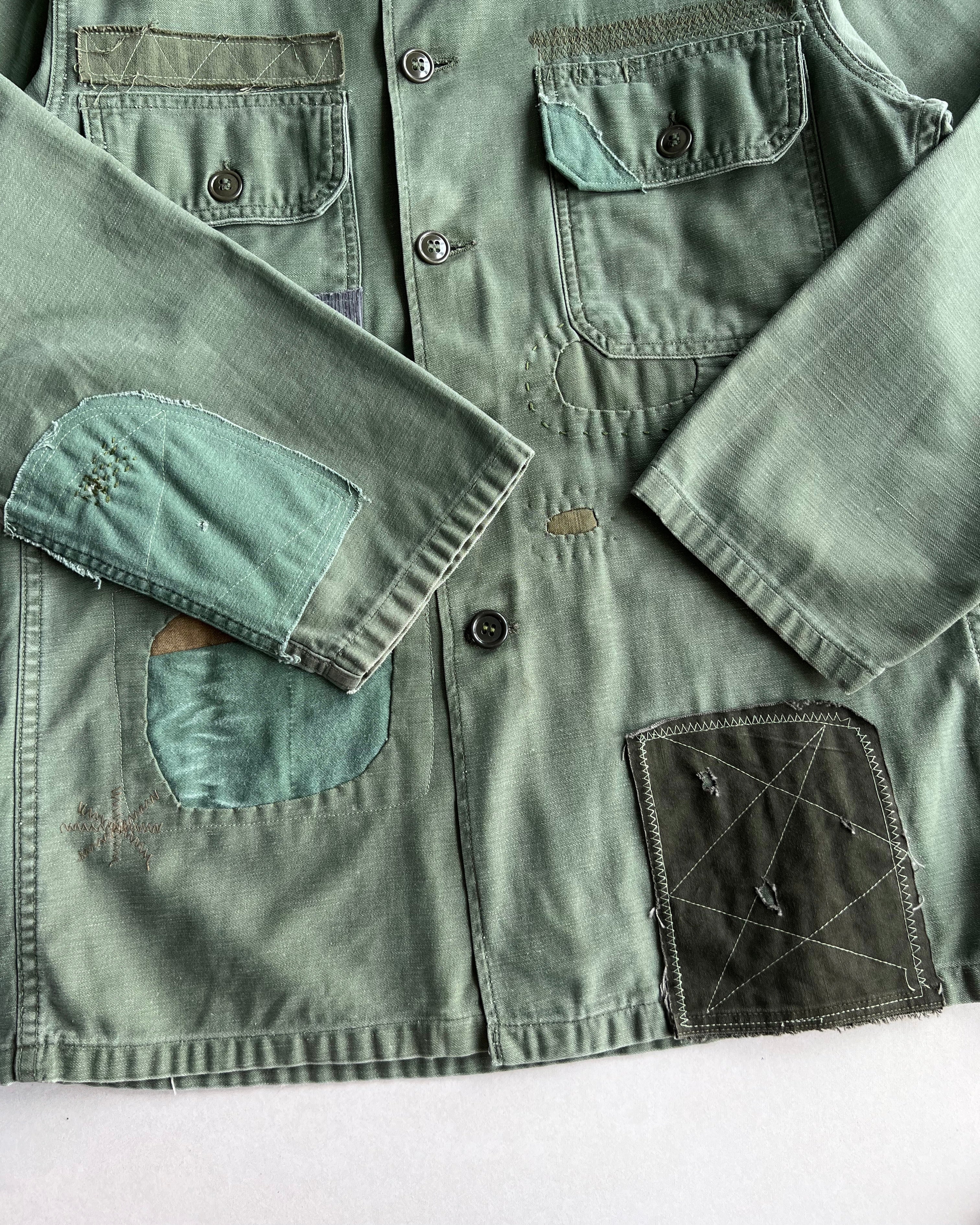 1960S US ARMY OG-107 P63 REPAIRED FATIGUE SHIRT (M)