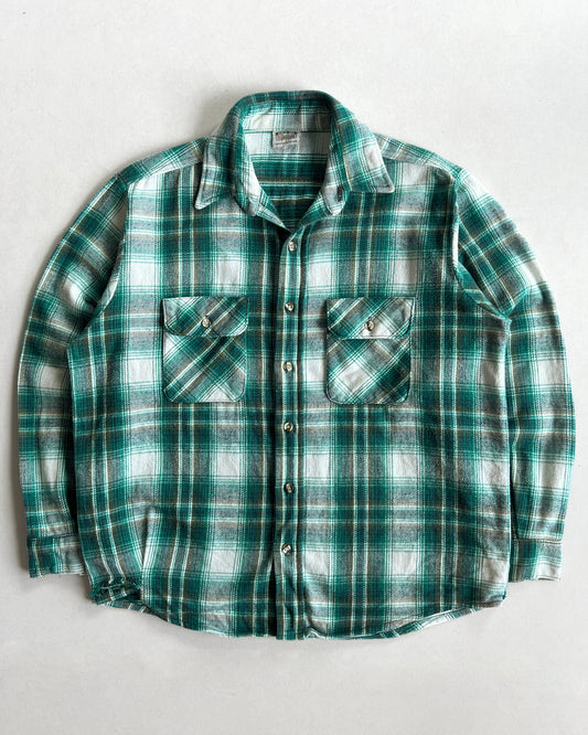 1980S FIVE BROTHERS GREEN PLAID FLANNEL (L)