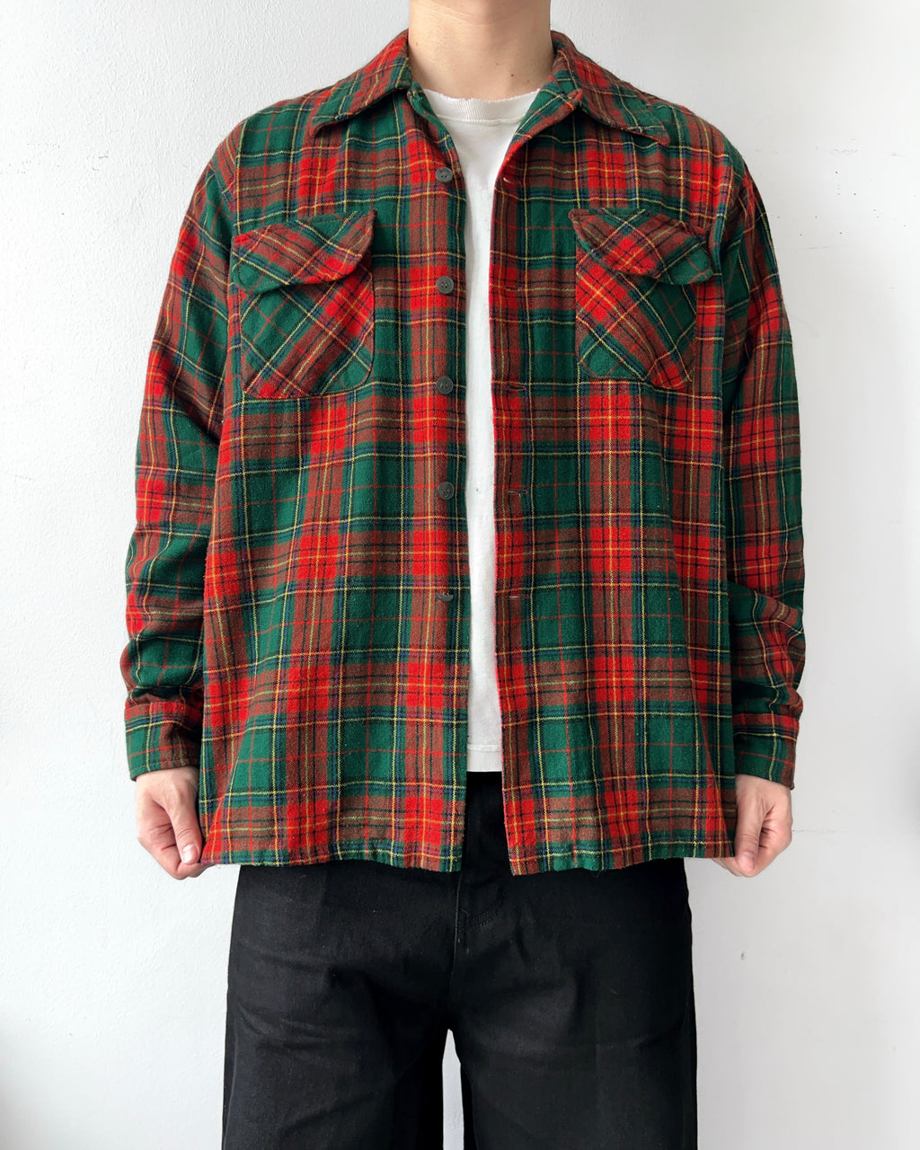1970S JC PENNEY PLAID WOOL LOOP COLLAR SHIRT (L)