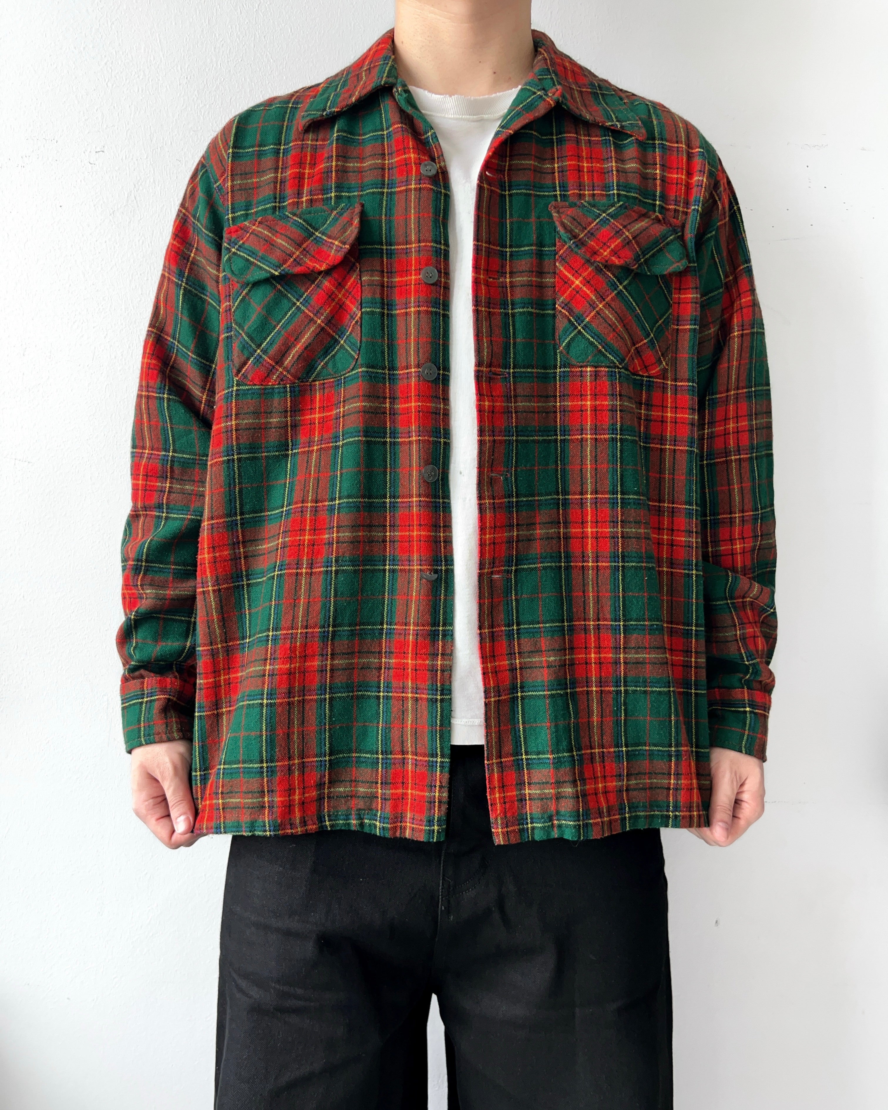 1970S JC PENNEY PLAID WOOL LOOP COLLAR SHIRT (L)