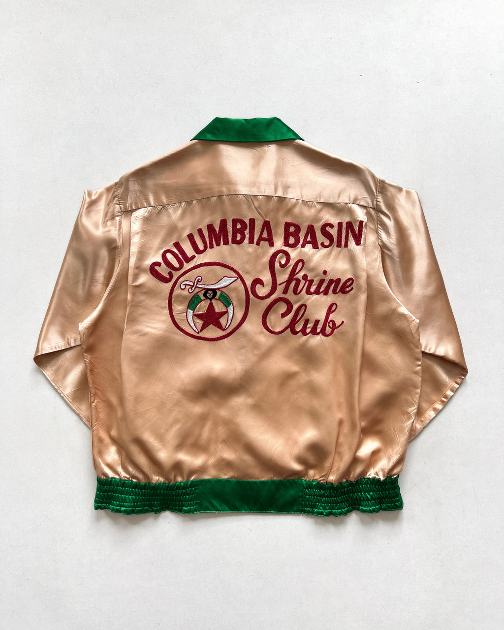 1940S TWO-TONE SATIN “COLUMBIA BASIN SHRINE CLUB' BOWLER'S JACKET (L)