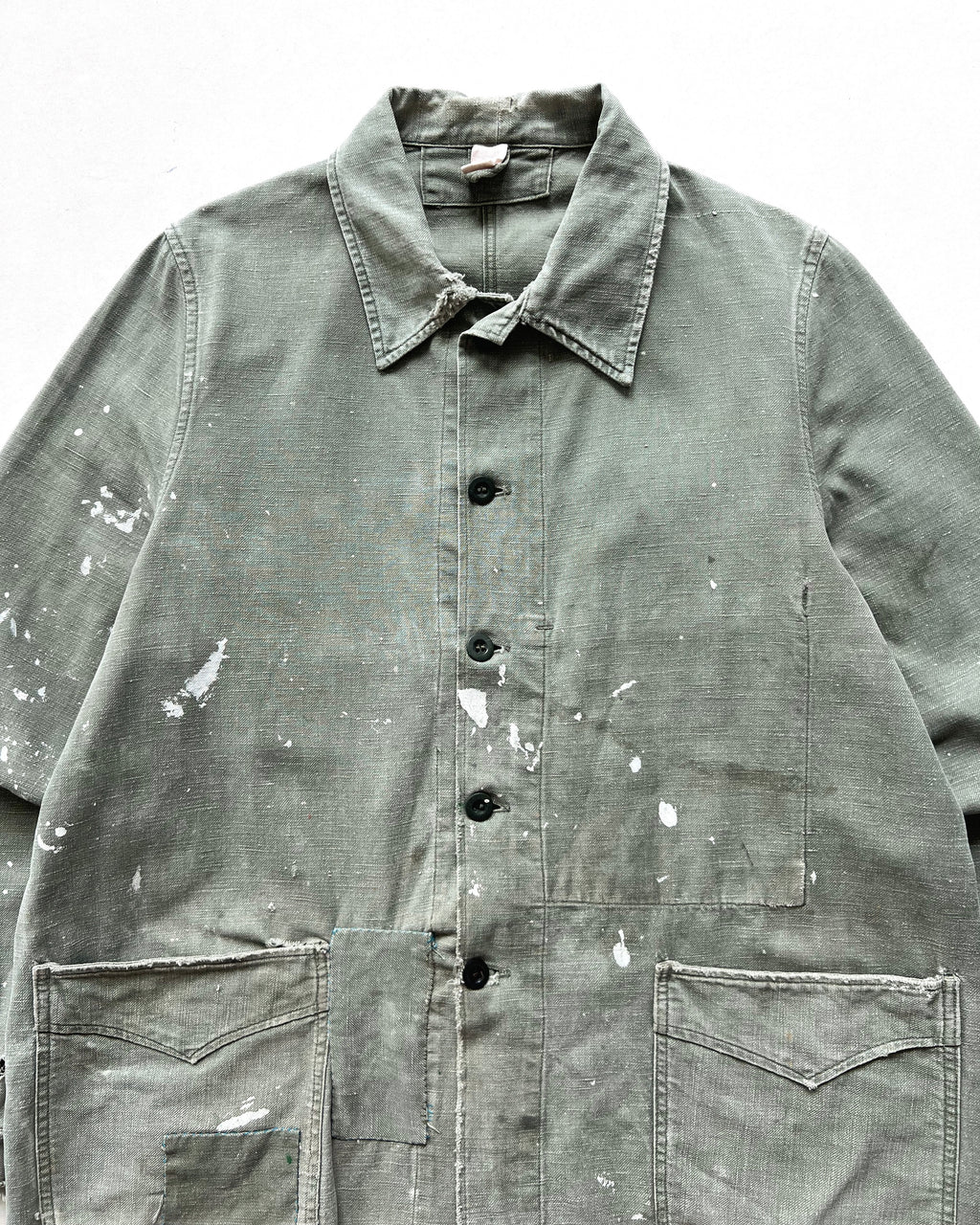 1950S FADED OLIVE FRENCH PAINTED WORK JACKET (L)