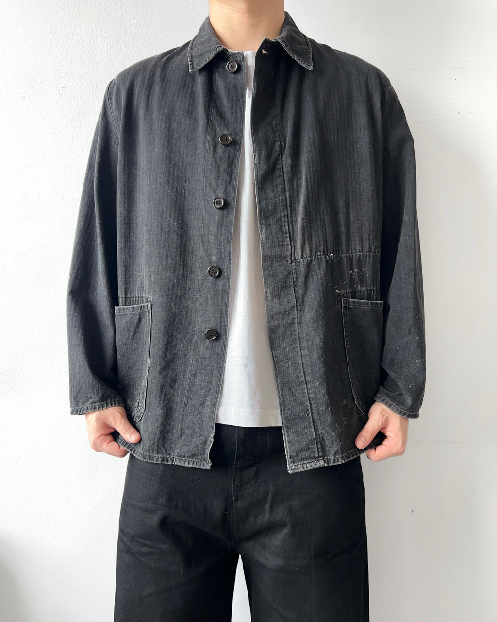 1960S FADED BLACK GERMAN HBT WORK JACKET (L)