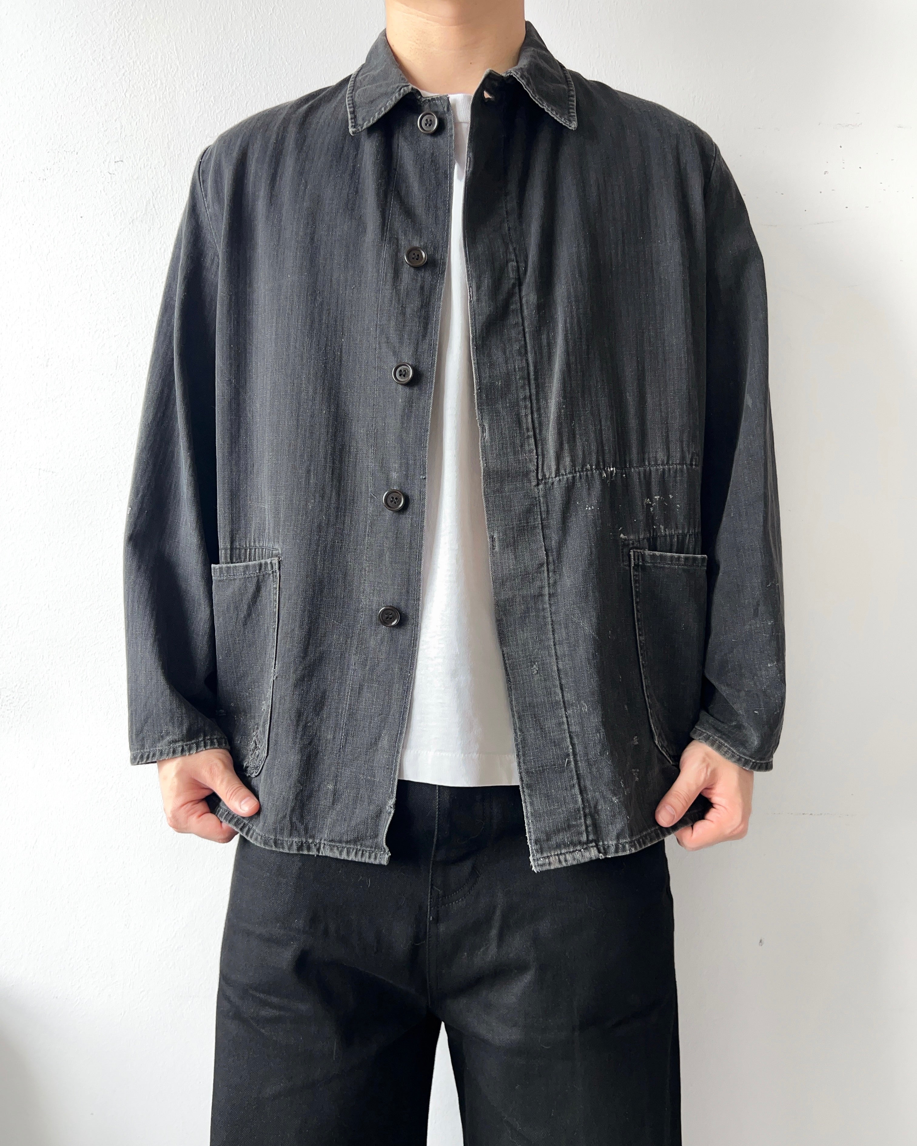 1960S FADED BLACK GERMAN HBT WORK JACKET (L)