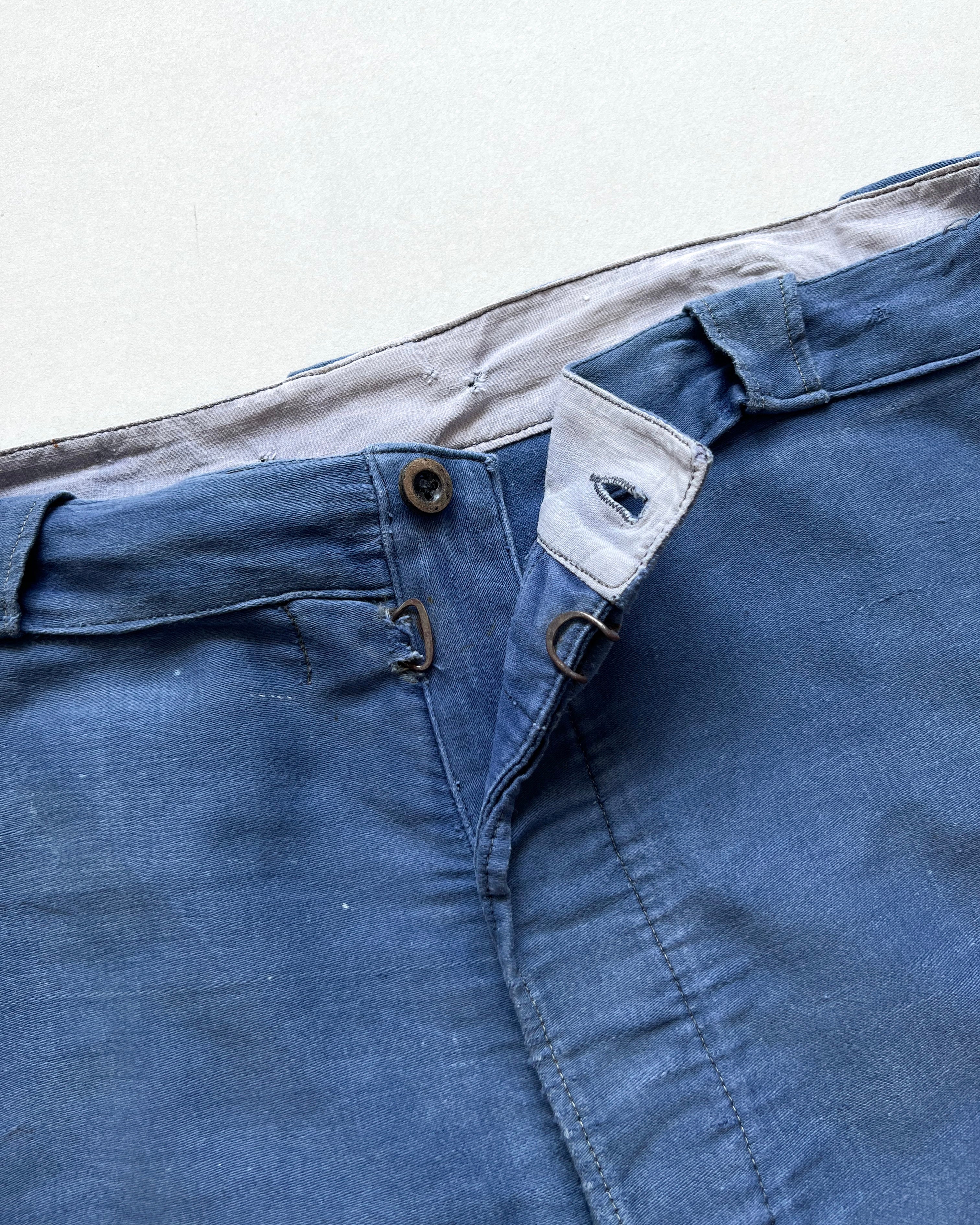 1930S MOLESKIN FRENCH REPAIRED WORK TROUSERS (34-36)