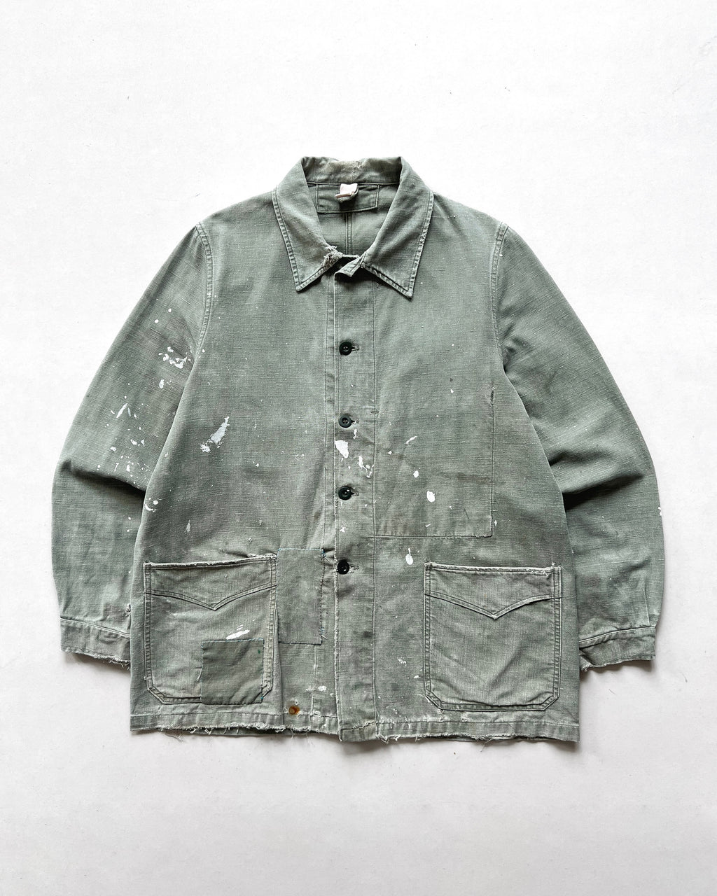 1950S FADED OLIVE FRENCH PAINTED WORK JACKET (L)
