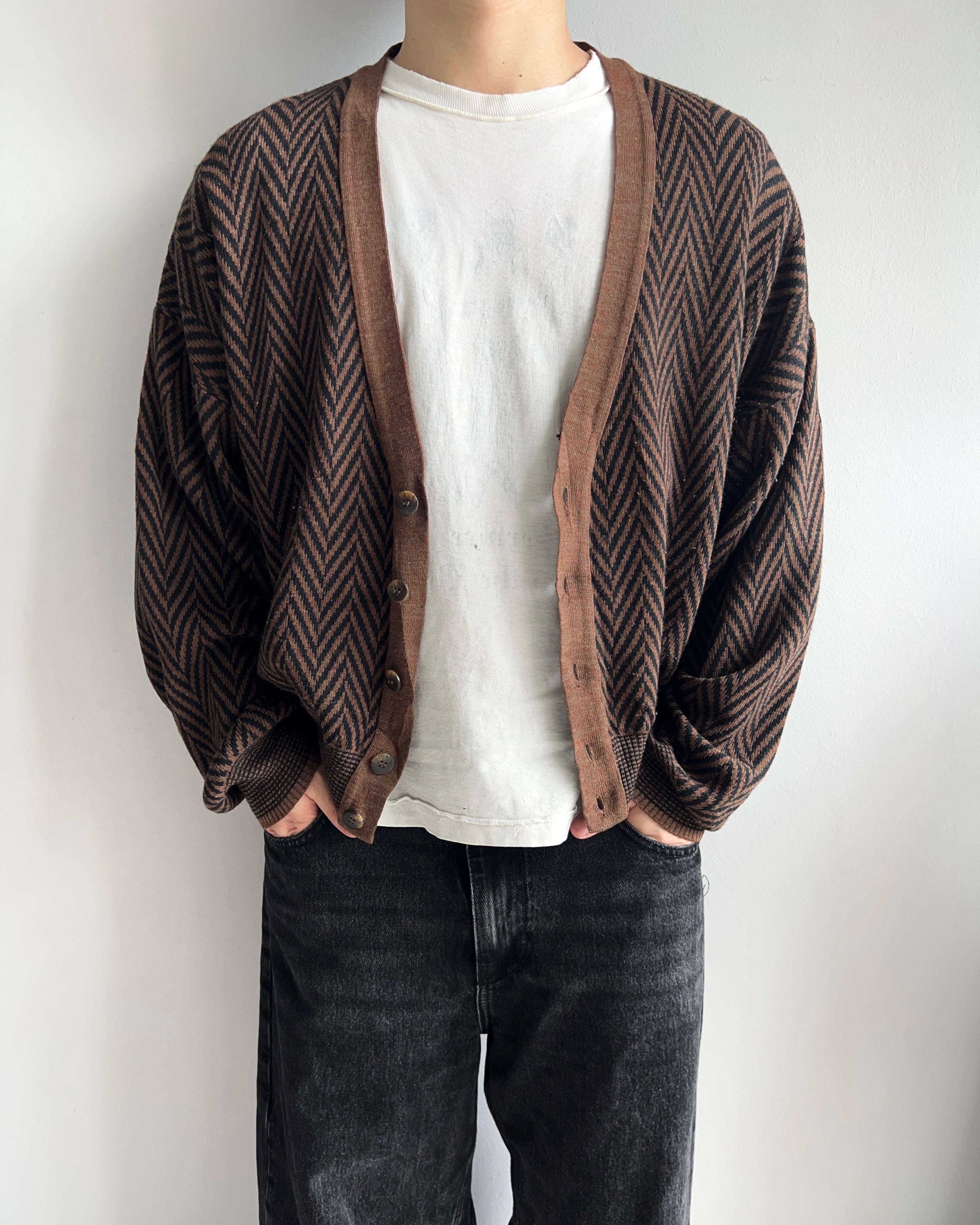 1980S HERRINGBONE ACRYLIC CARDIGAN (M)
