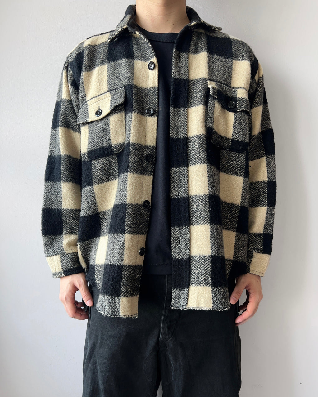 1960S MELTON WOOL PLAID FLANNEL (L)