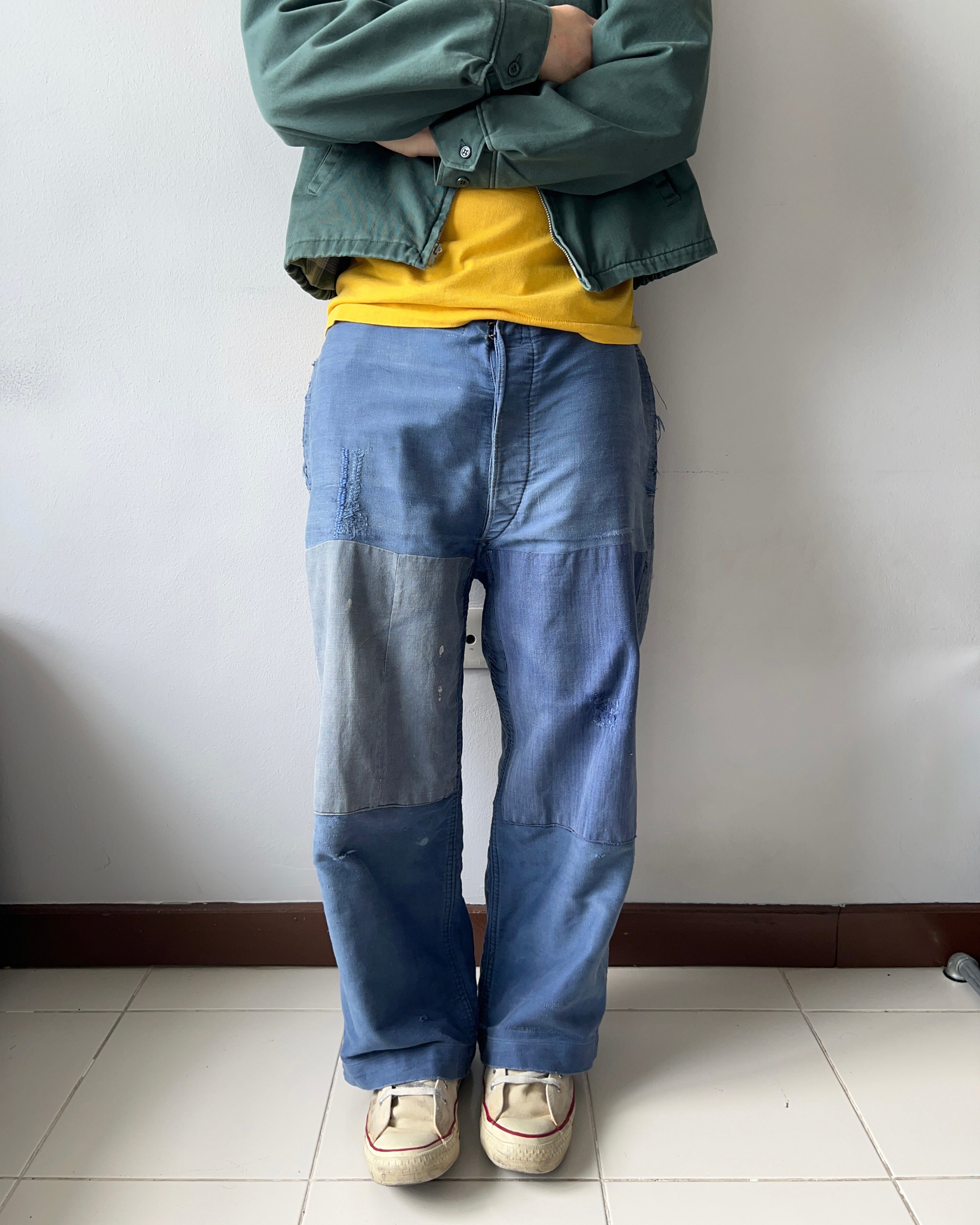 1930S MOLESKIN FRENCH REPAIRED WORK TROUSERS (34-36)