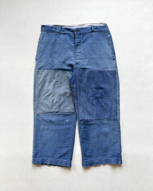 1930S MOLESKIN FRENCH REPAIRED WORK TROUSERS (34-36)