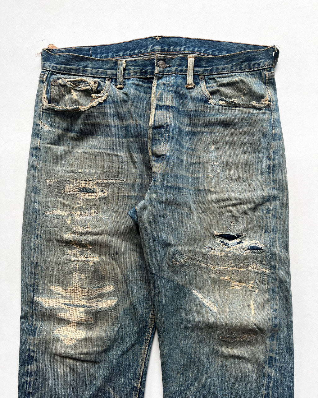 1970S FADED LEVI'S BIG E 501 REPAIRED SELVEDGE JEANS (36)