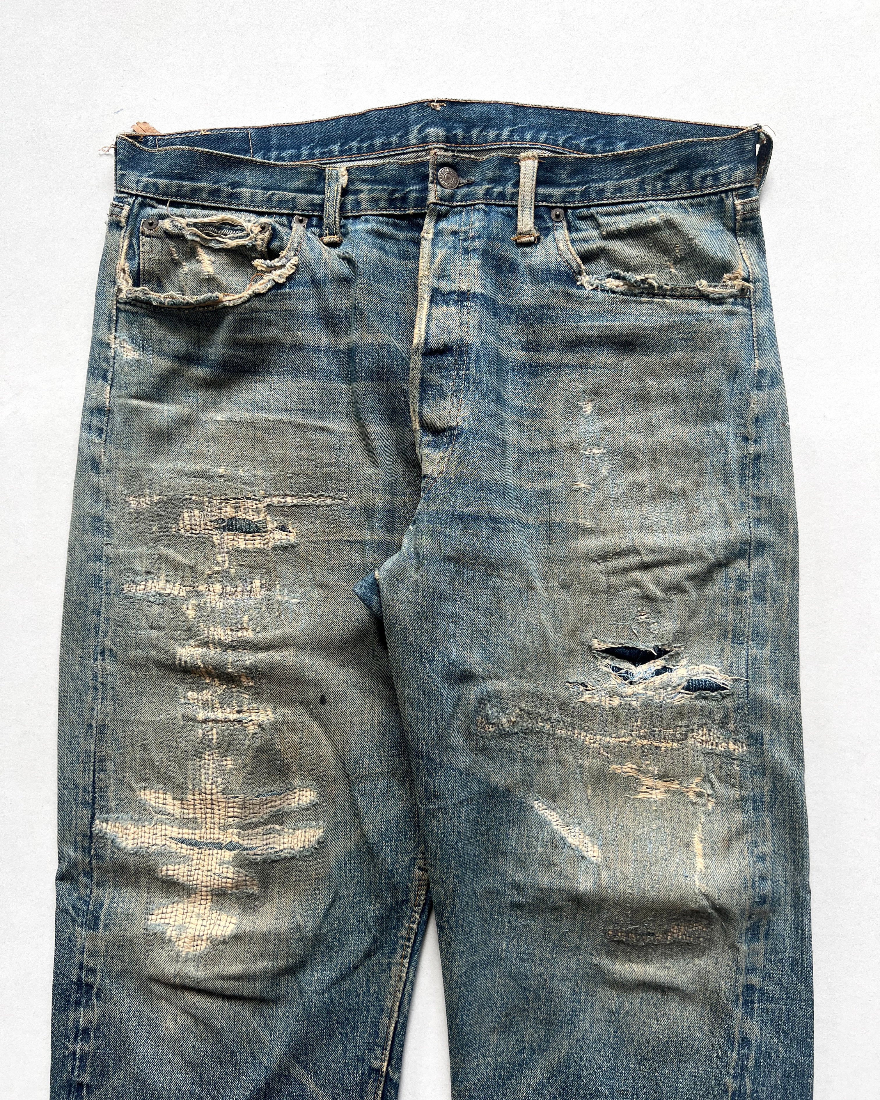 1970S FADED LEVI'S BIG E 501 REPAIRED SELVEDGE JEANS (36)