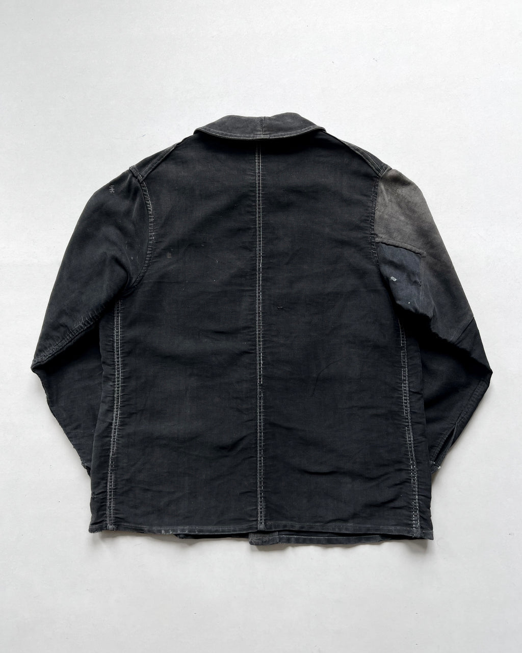 1940S BLACK FRENCH MOLESKIN REPAIRED WORK JACKET (L)