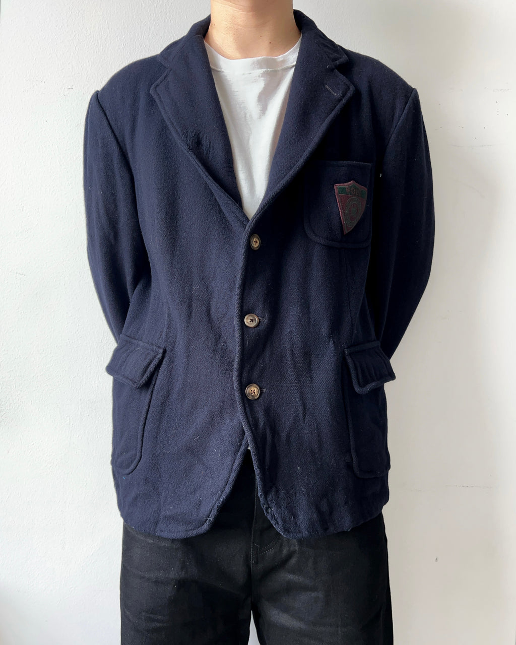 1990S RALPH LAUREN SHIELD-PATCH WOOL BLAZER (L)