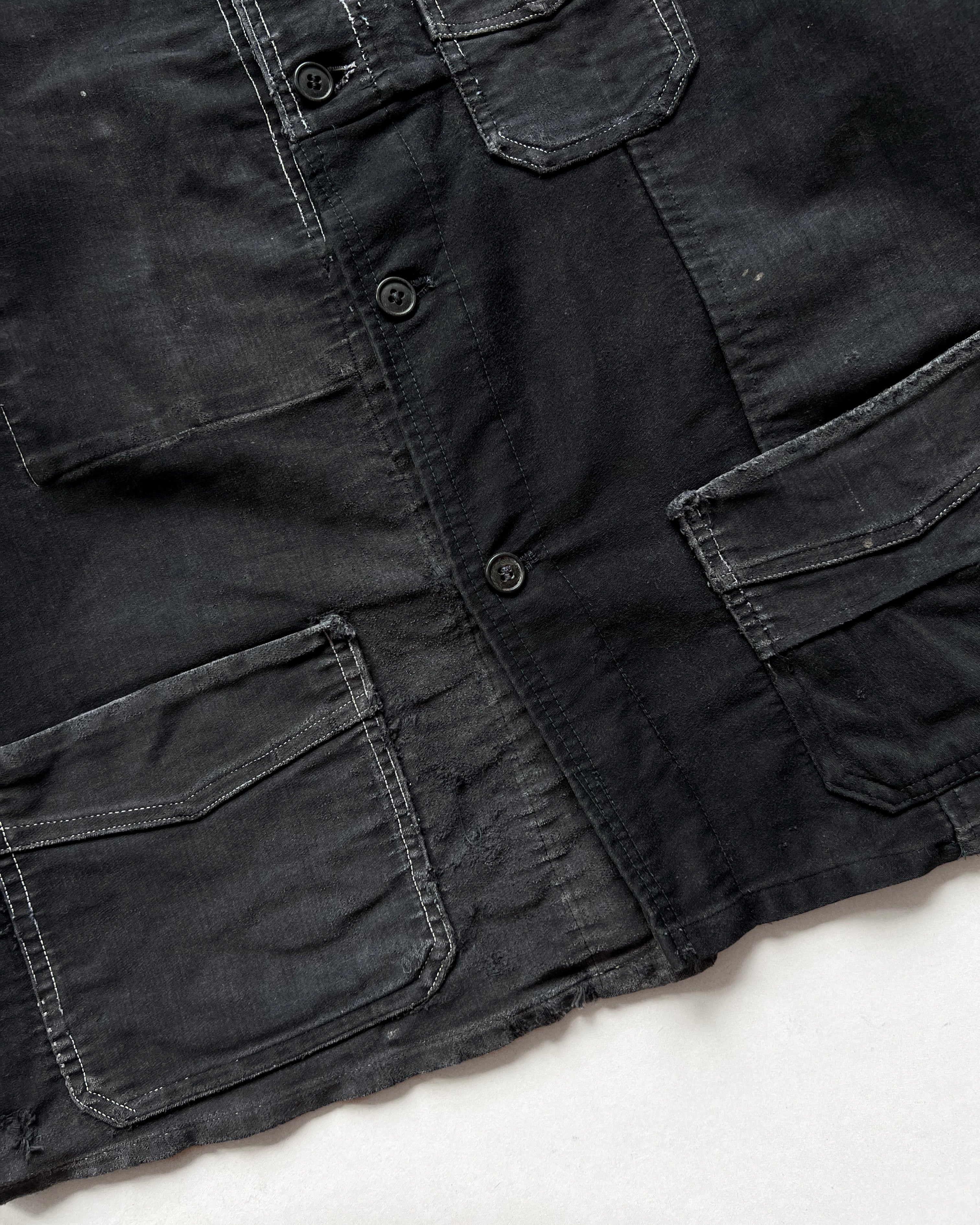 1940S BLACK FRENCH MOLESKIN REPAIRED WORK JACKET (L)