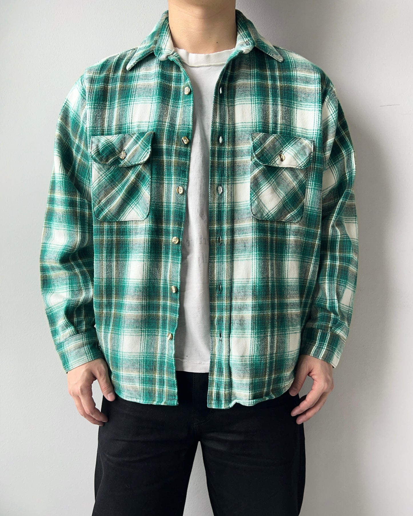 1980S FIVE BROTHERS GREEN PLAID FLANNEL (L)