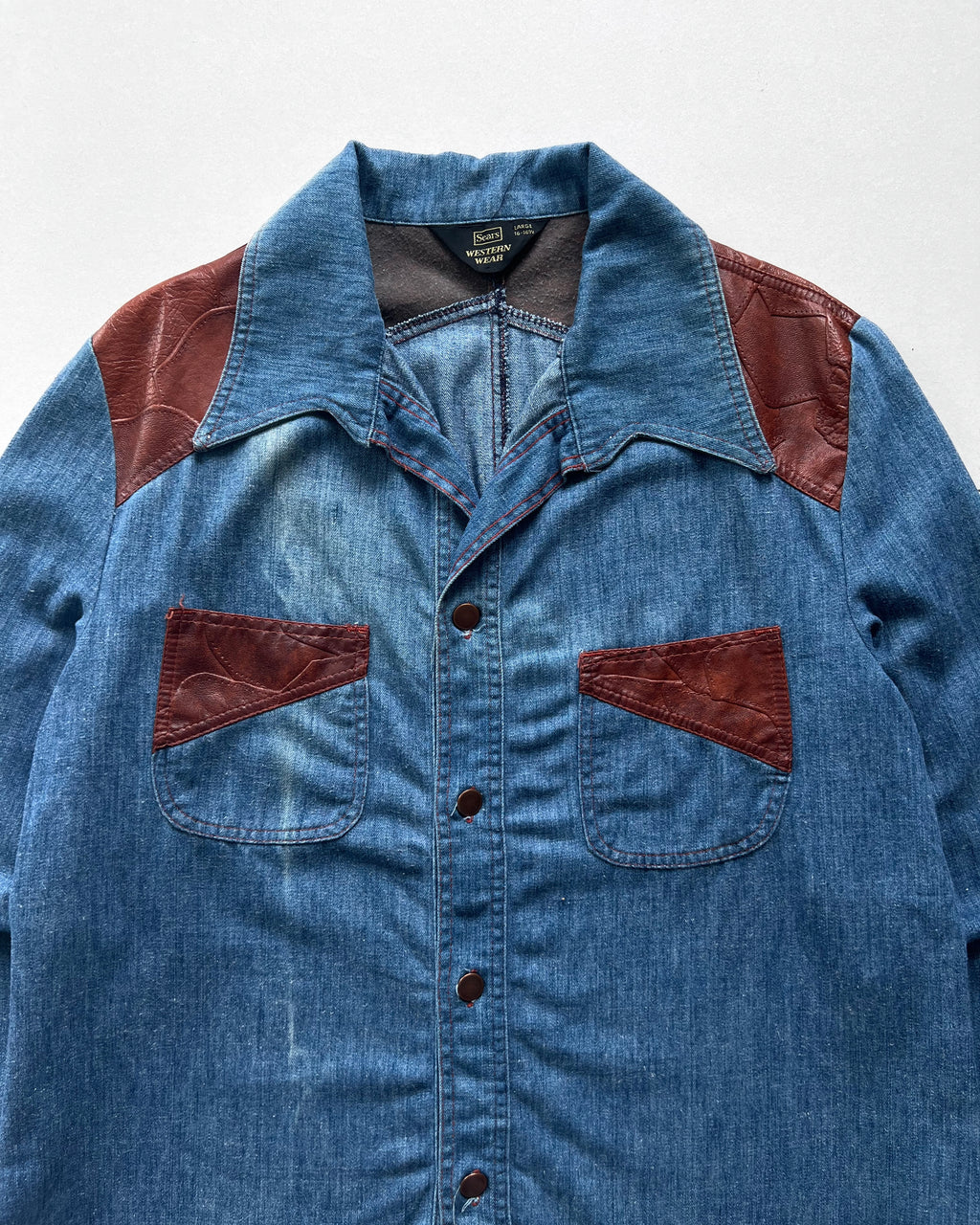 1970S SEARS OPEN COLLAR WESTERN DENIM SHIRT (L)