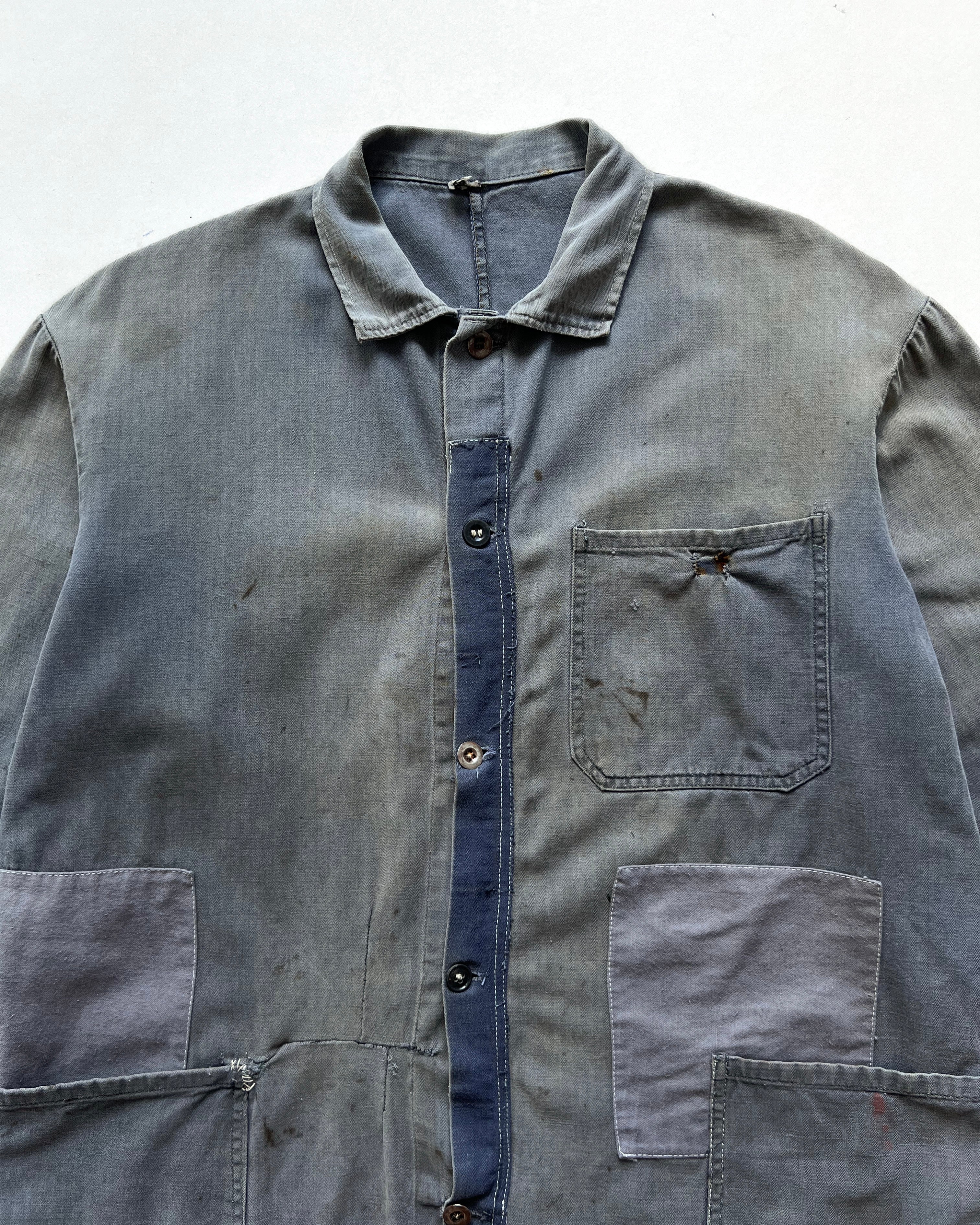 1960S FADED REPAIRED FRENCH HBT WORK JACKET (XL)