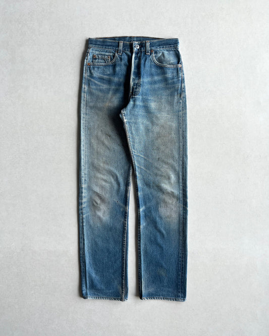 1980S FADED BLUE LEVI'S 501 REPAIRED JEANS (30X36)