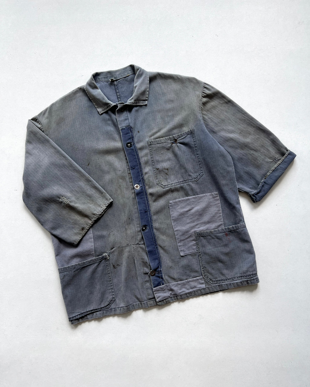 1960S FADED REPAIRED FRENCH HBT WORK JACKET (XL)