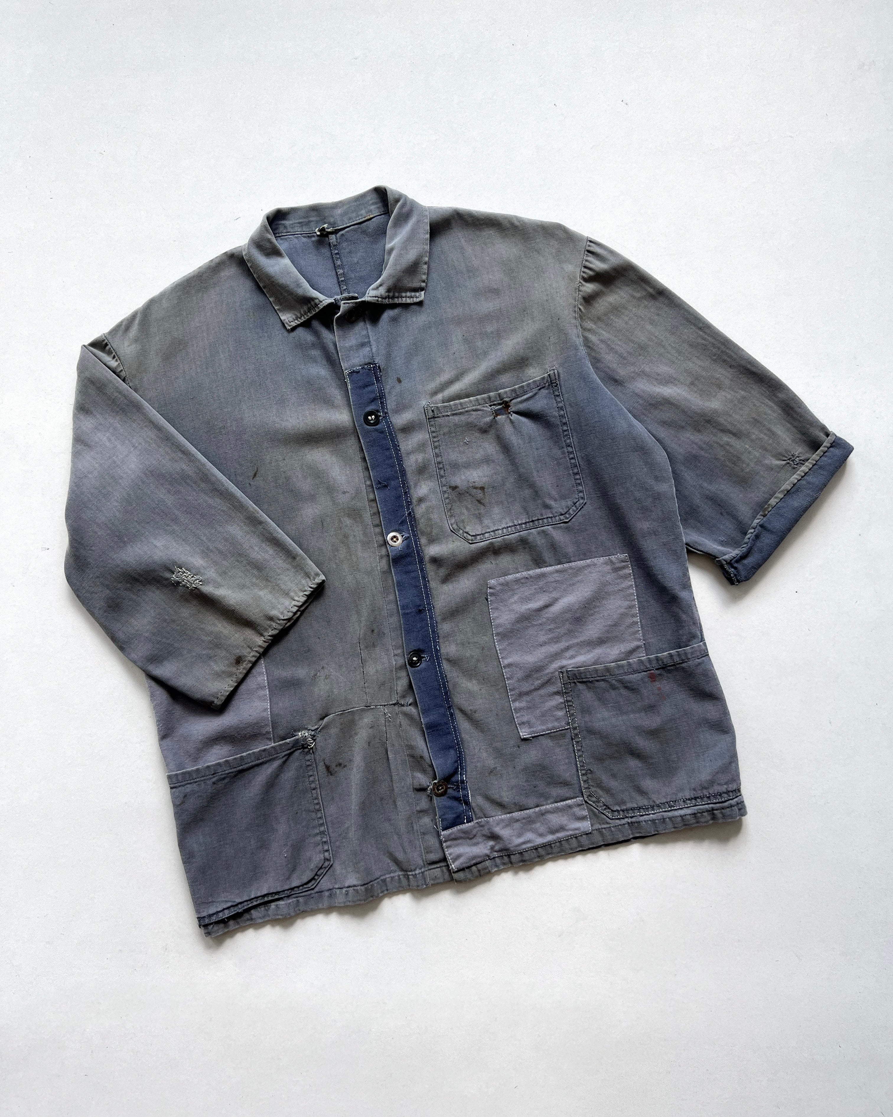 1960S FADED REPAIRED FRENCH HBT WORK JACKET (XL)