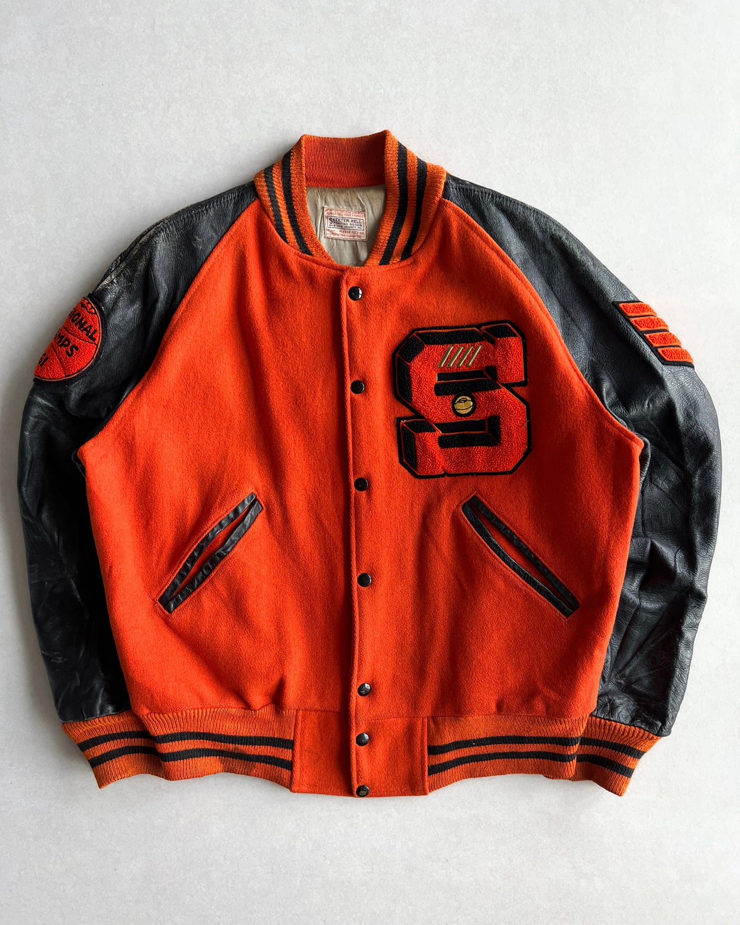 1961 'S' LETTERMAN RAGLAN LEATHER SLEEVES VARSITY JACKET (L)