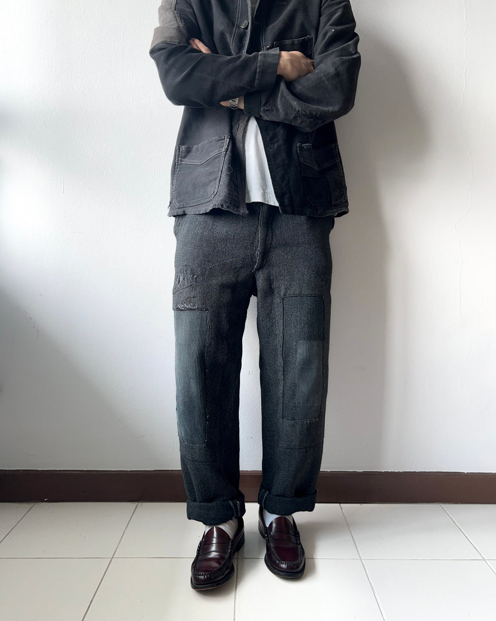 1950S FRENCH SALT & PEPPER REPAIRED WORK TROUSERS (33-35)
