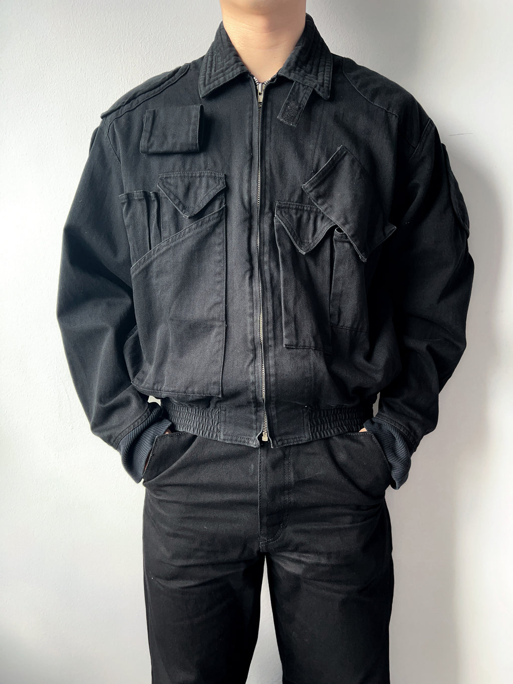 1980S BLACK KATHARINE HAMNETT CARGO BOMBER (M)