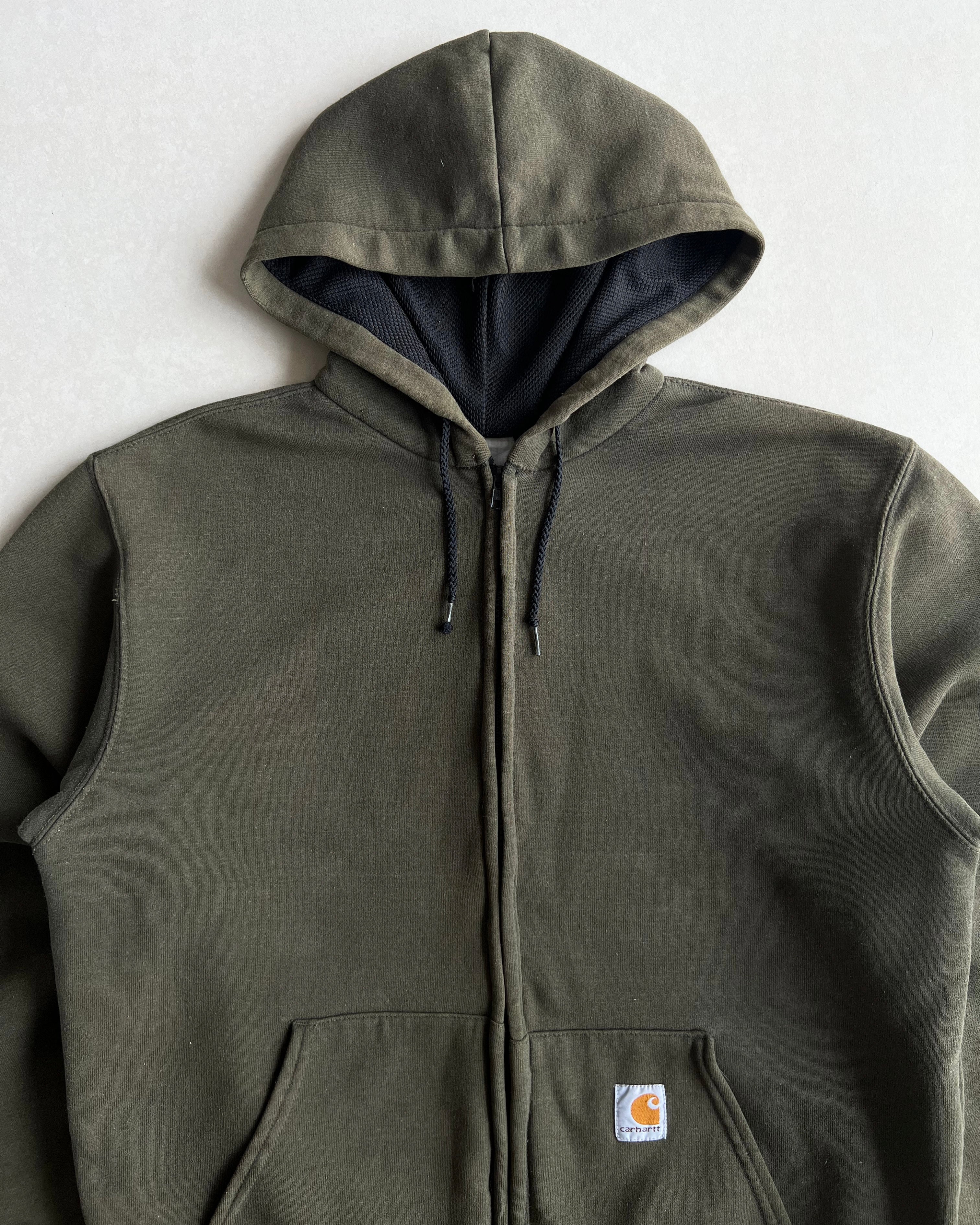 1990S OLIVE GREEN CARHARTT LOGO ZIP-UP HOODIE (L)