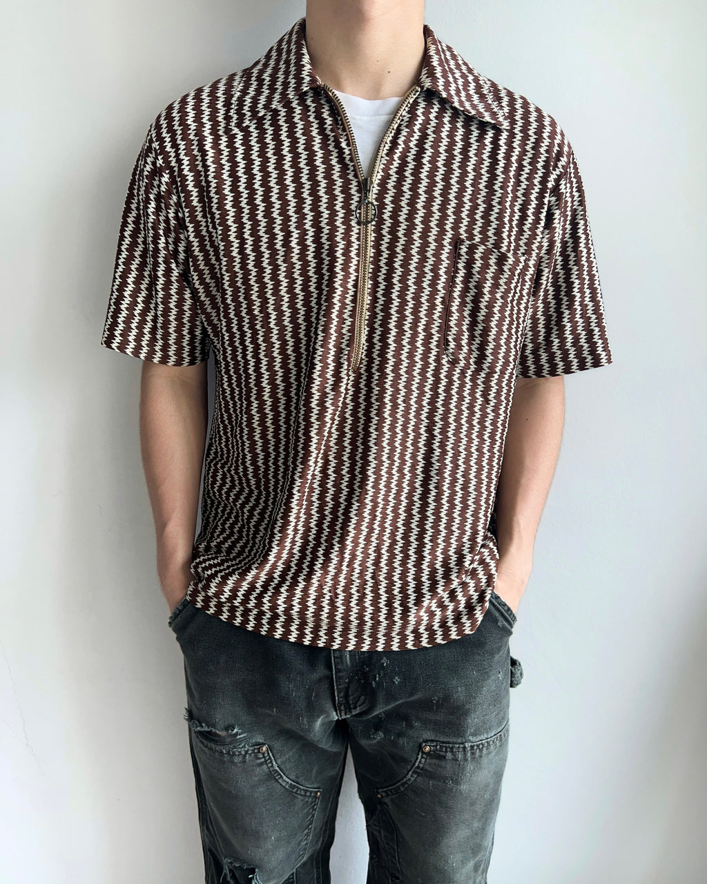 1950S QUARTER-ZIP ROCKABILLY RAYON SHIRT (L)