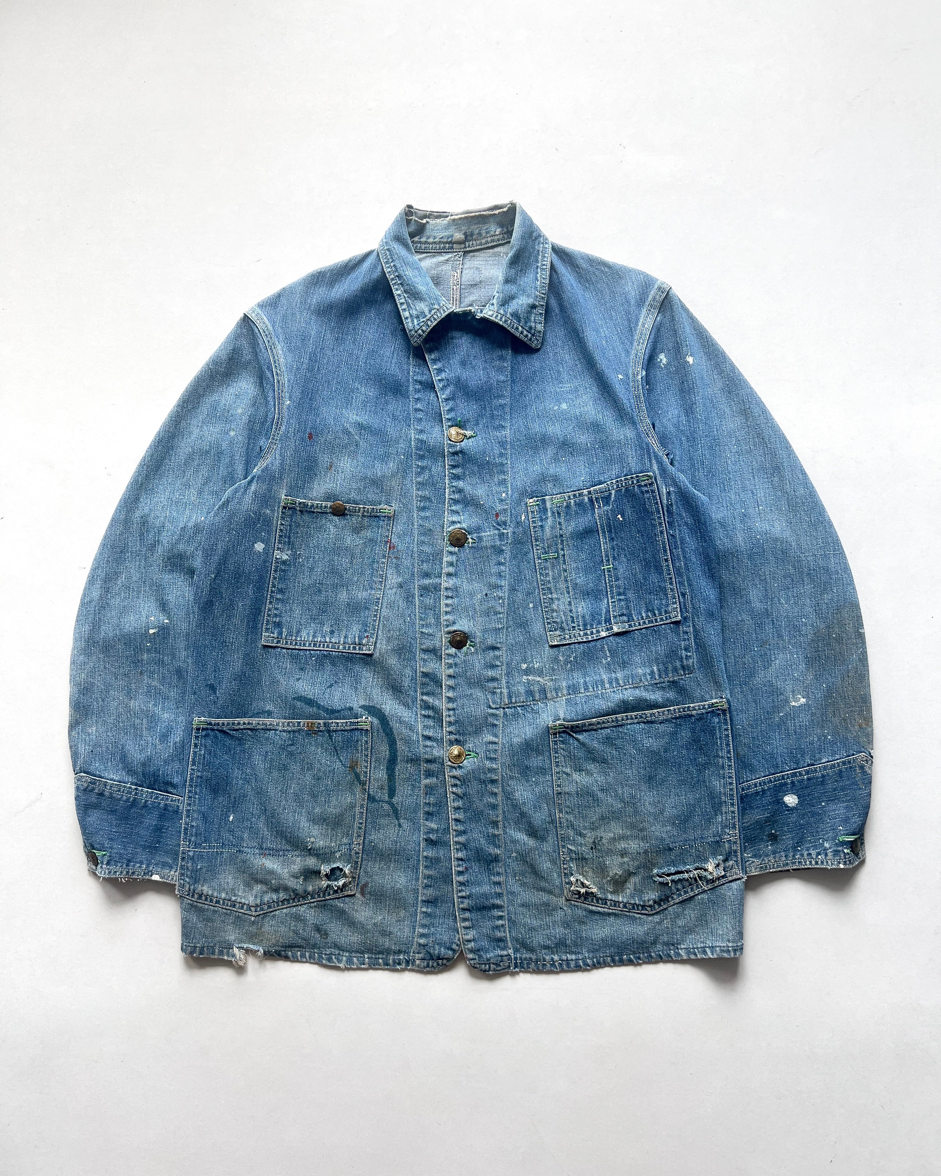 1940S OSHKOSH B'GOSH STENCILLED DENIM CHORE JACKET (L)
