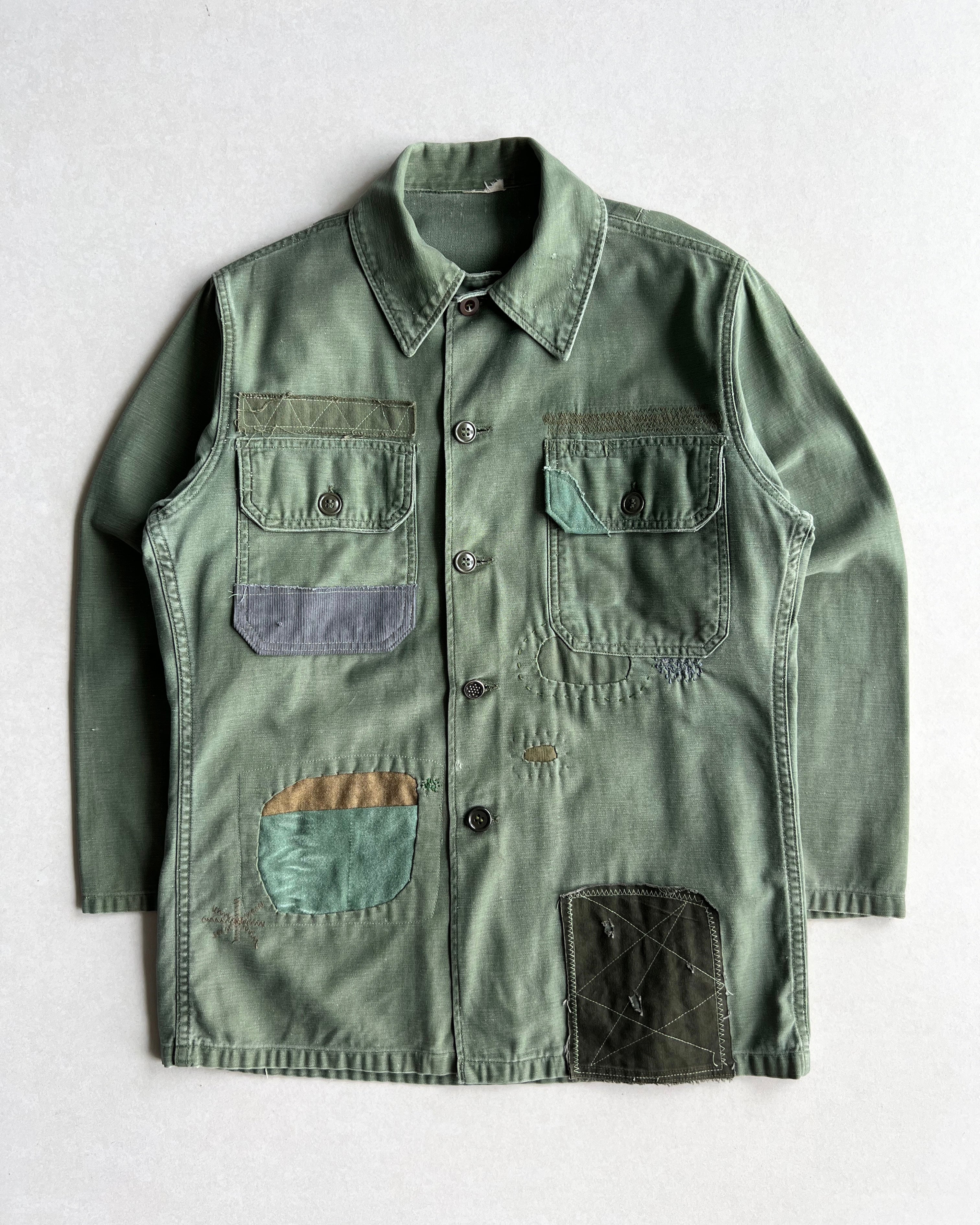 1960S US ARMY OG-107 P63 REPAIRED FATIGUE SHIRT (M)