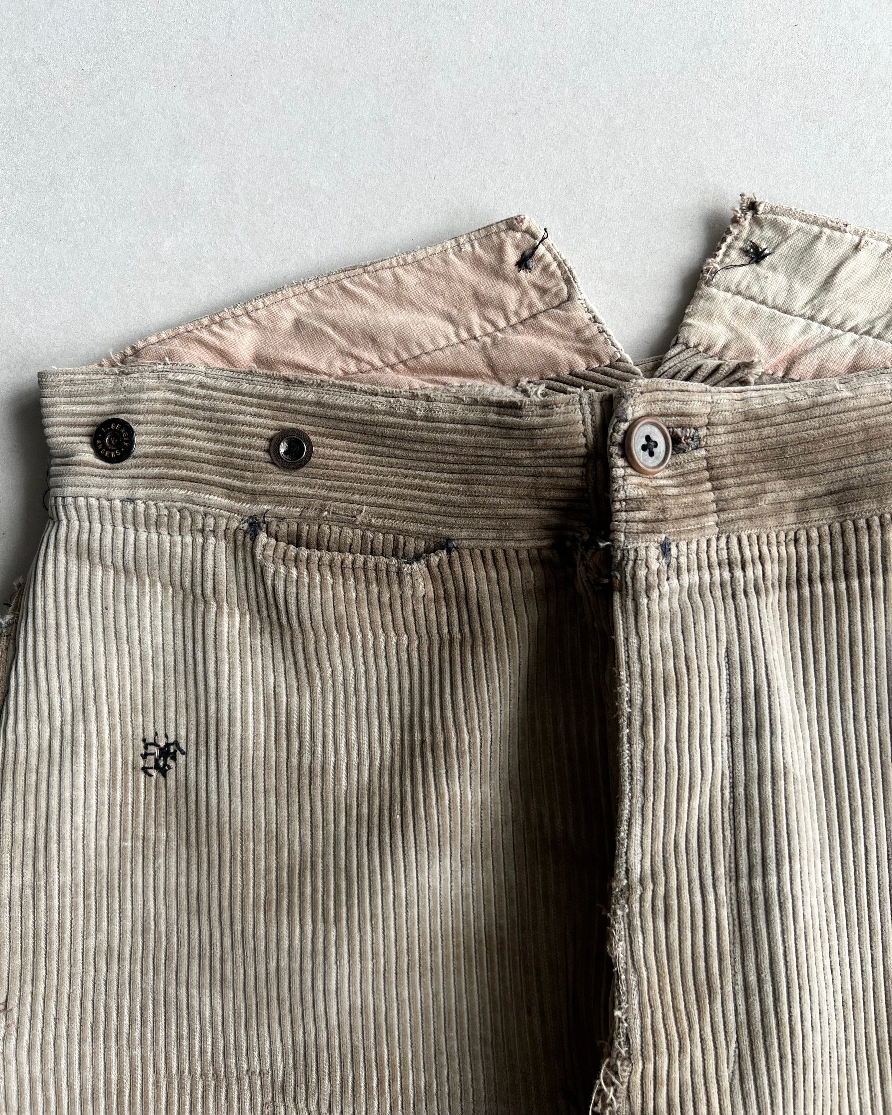 1930S FRENCH CORDUROY REPAIRED WORK TROUSERS (32-34)