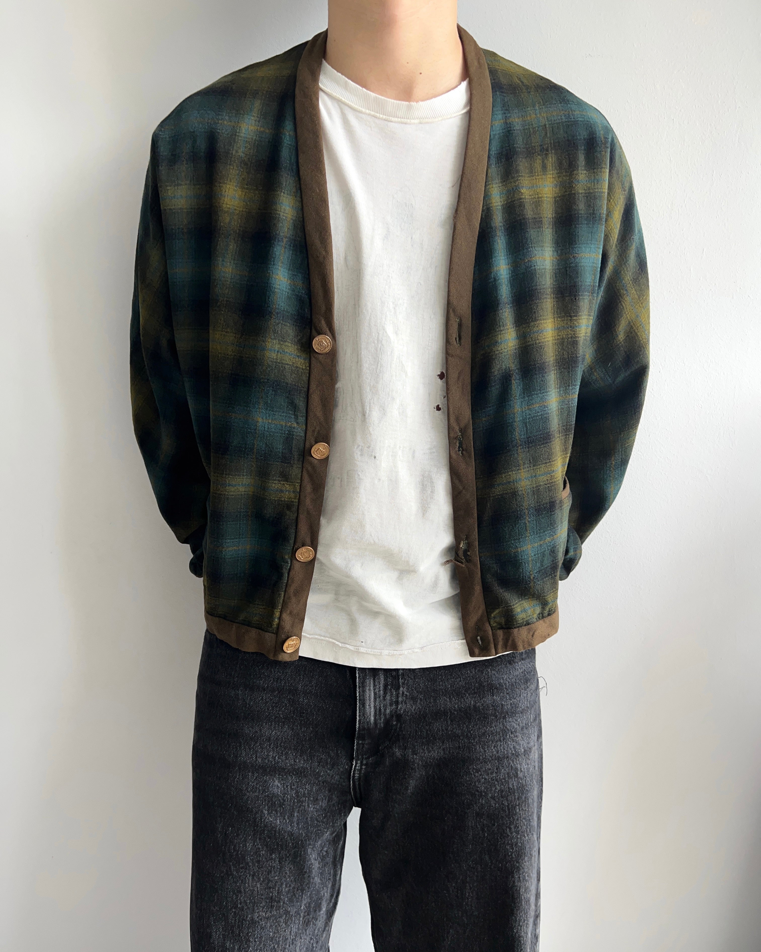1980S PENDLETON SHADOW PLAID WOOL CARDIGAN (M)